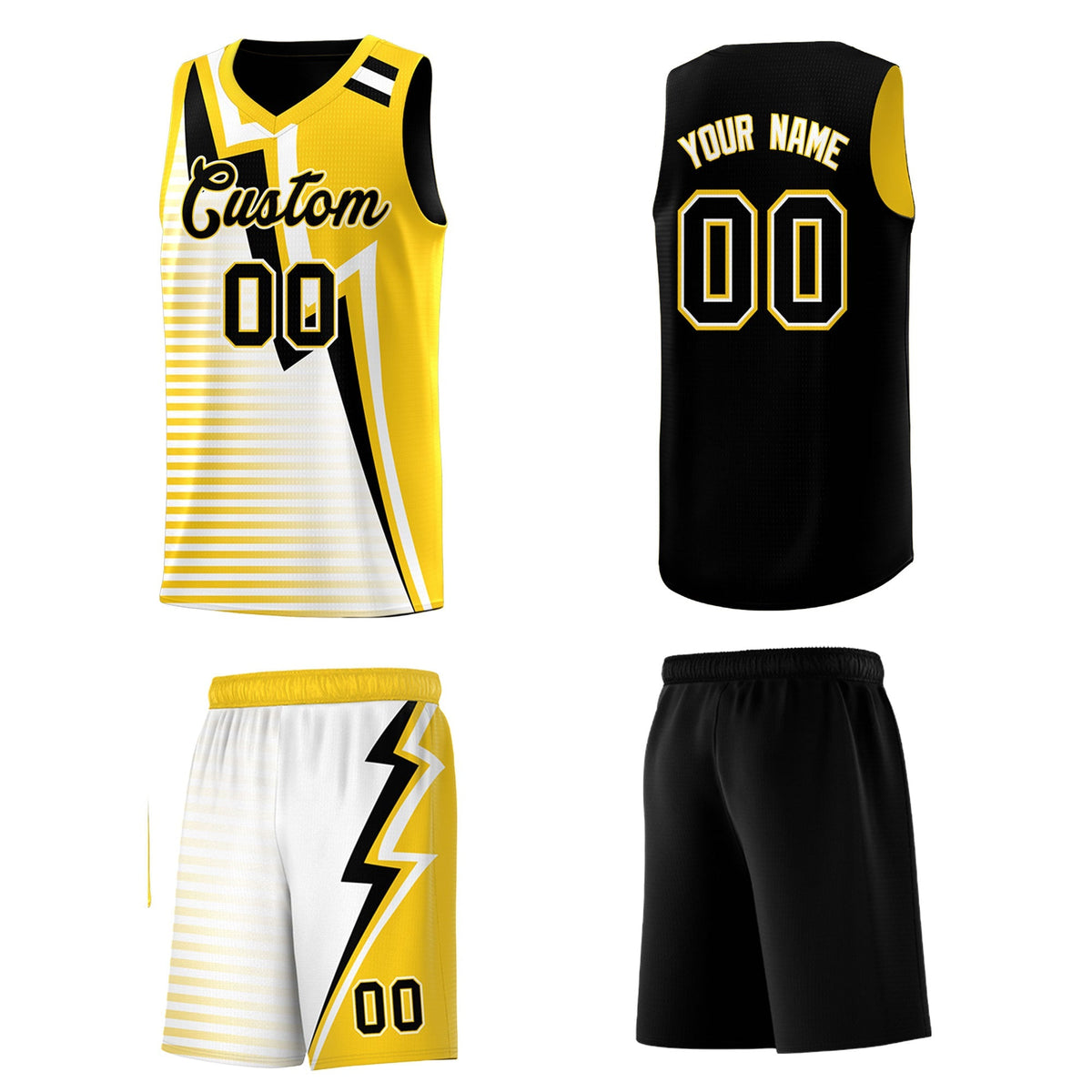 Custom Black Gold White Gradient Stripes Lightning Pattern Reversible Sets Basketball Jersey| KXKSHOP