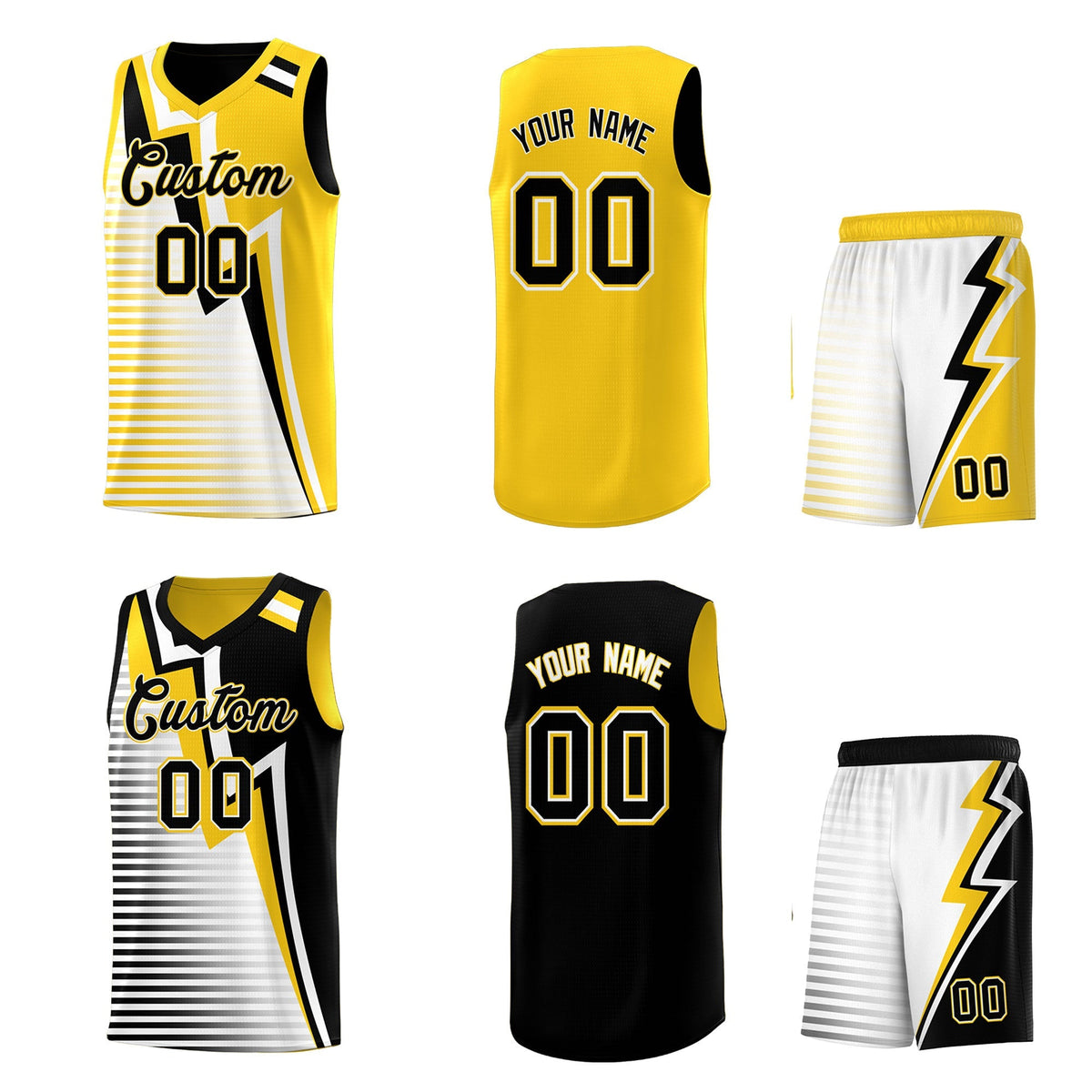 Custom Black Gold White Gradient Stripes Lightning Pattern Reversible Sets Basketball Jersey| KXKSHOP