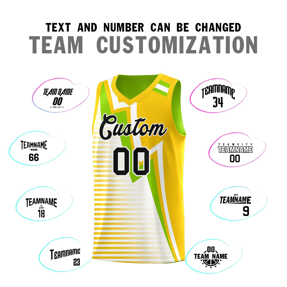 Custom Neon Green Gold White Gradient Stripes Lightning Pattern Reversible Sets Basketball Jersey| KXKSHOP