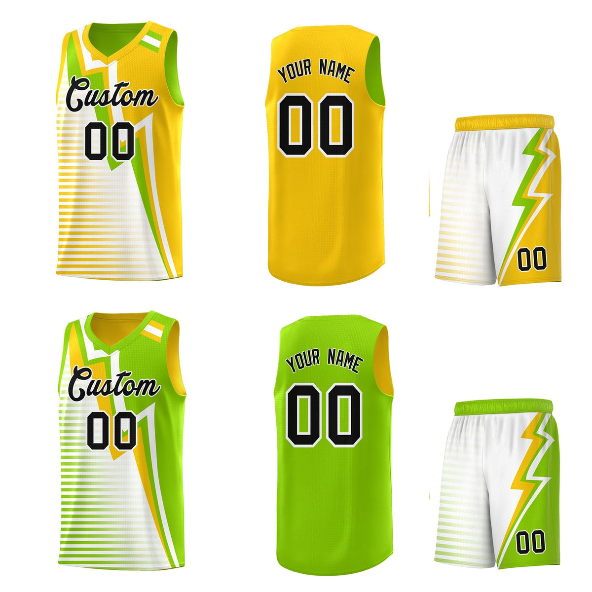 Custom Neon Green Gold White Gradient Stripes Lightning Pattern Reversible Sets Basketball Jersey| KXKSHOP