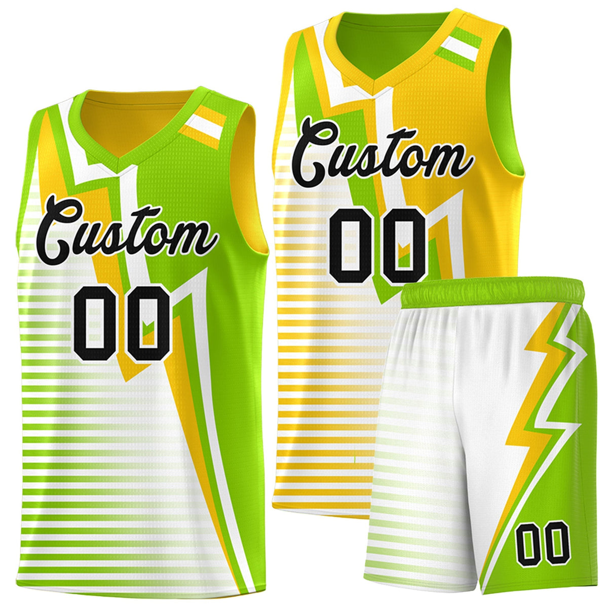 Custom Neon Green Gold White Gradient Stripes Lightning Pattern Reversible Sets Basketball Jersey| KXKSHOP