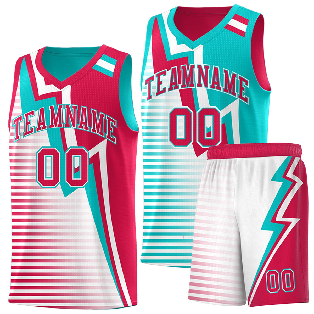 Custom Red Aqua White Gradient Stripes Lightning Pattern Reversible Sets Basketball Jersey| KXKSHOP
