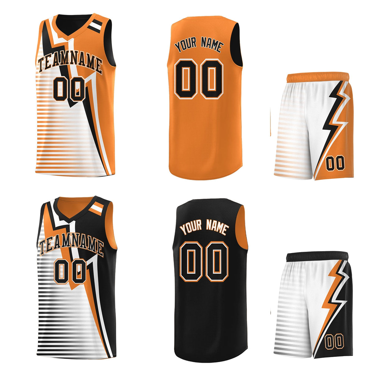 Custom Black Gold Orange White Gradient Stripes Lightning Pattern Reversible Sets Basketball Jersey| KXKSHOP