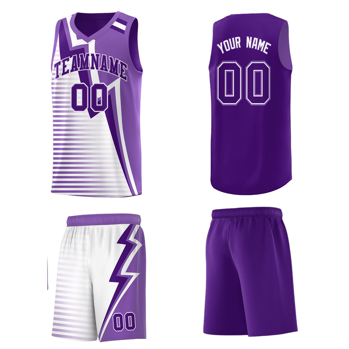 Custom Purple Light Purple White Gradient Stripes Lightning Pattern Reversible Sets Basketball Jersey| KXKSHOP