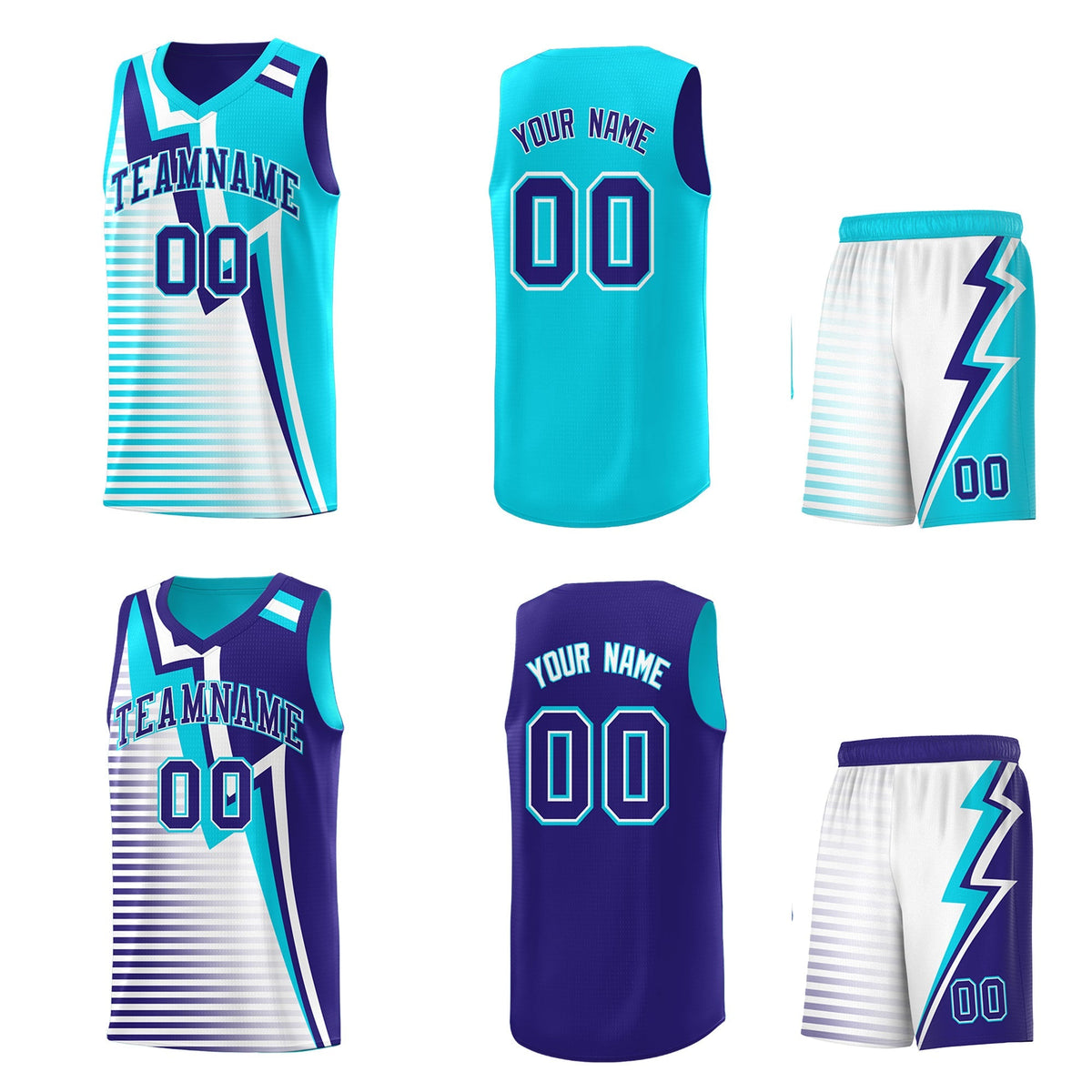 Custom Sky Blue Royal White Gradient Stripes Lightning Pattern Reversible Sets Basketball Jersey| KXKSHOP