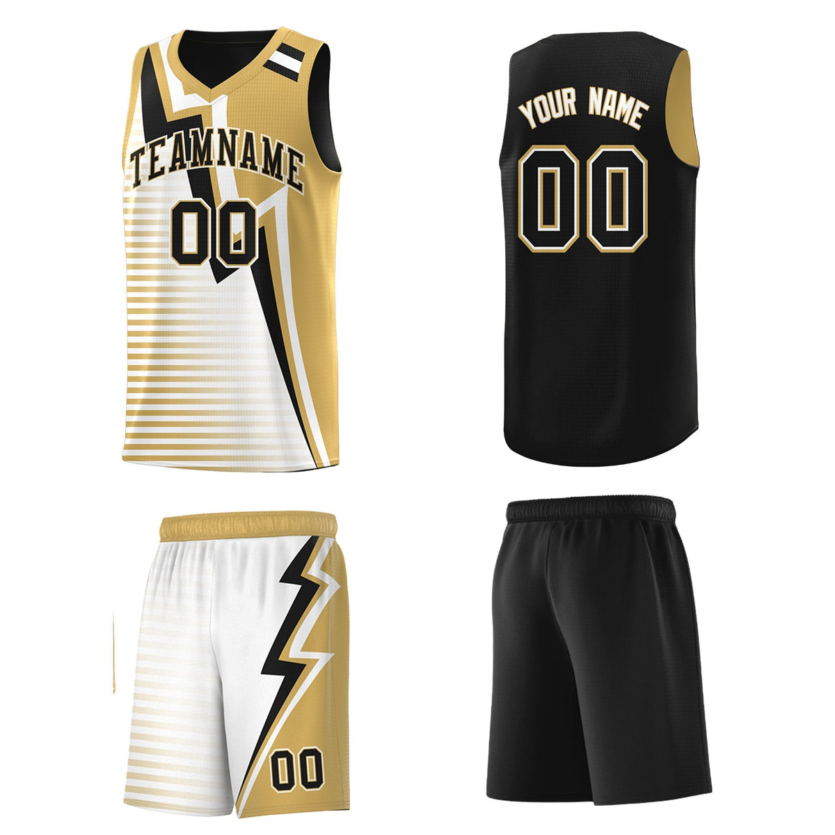 Custom Black Old Gold White Gradient Stripes Lightning Pattern Reversible Sets Basketball Jersey| KXKSHOP