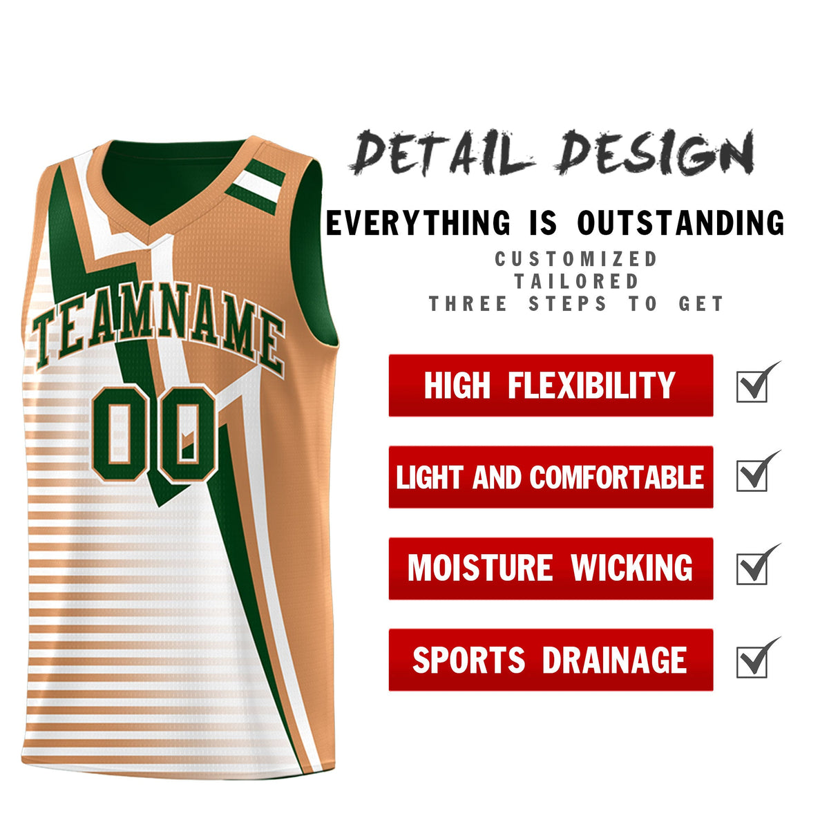 Custom Green Buckskin Brown White Gradient Stripes Lightning Pattern Reversible Sets Basketball Jersey| KXKSHOP