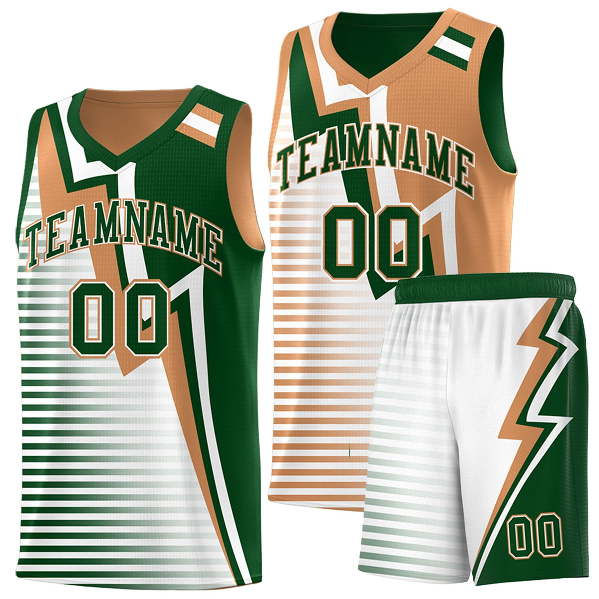 Custom Green Buckskin Brown White Gradient Stripes Lightning Pattern Reversible Sets Basketball Jersey| KXKSHOP