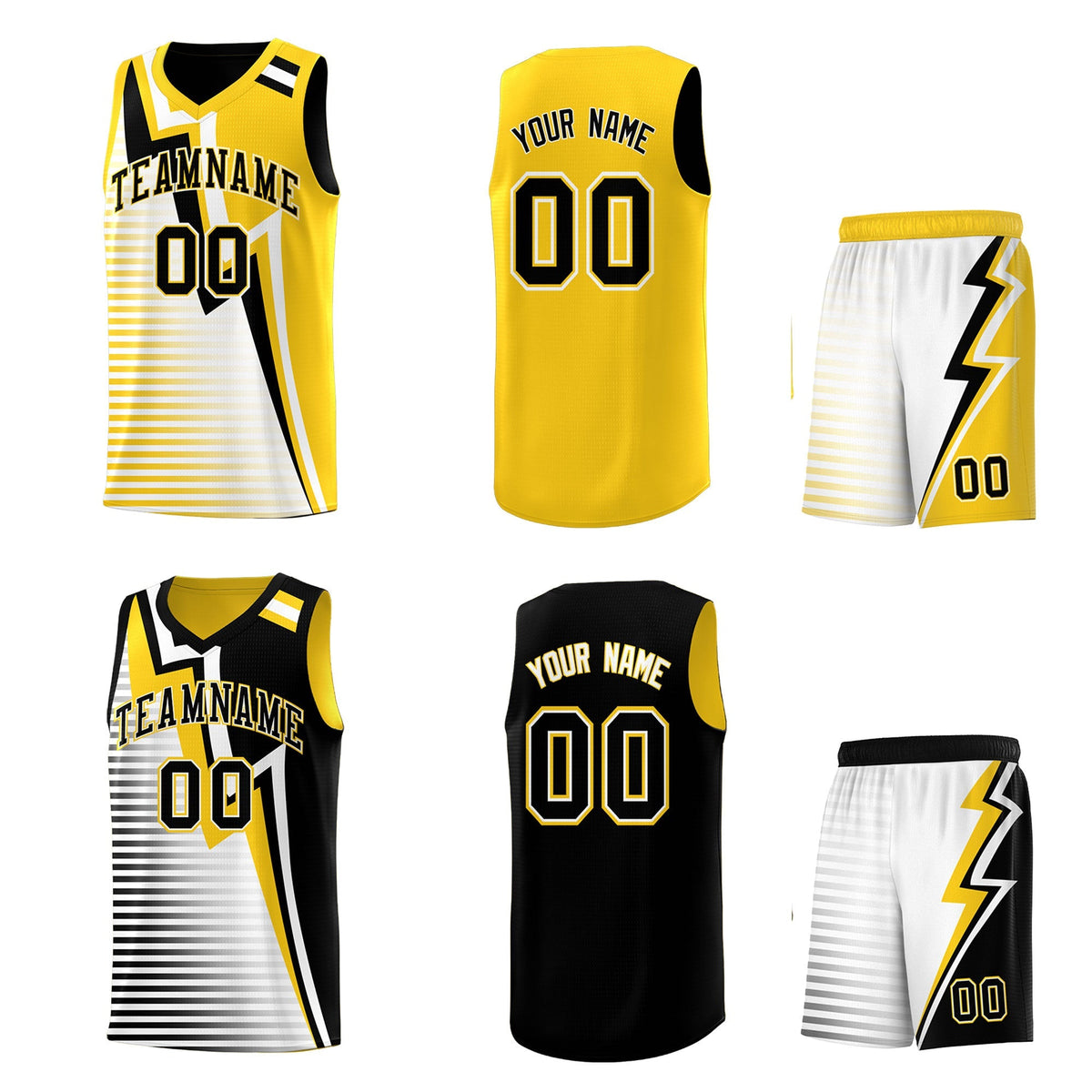 Custom Black Gold White Gradient Stripes Lightning Pattern Reversible Sets Basketball Jersey| KXKSHOP