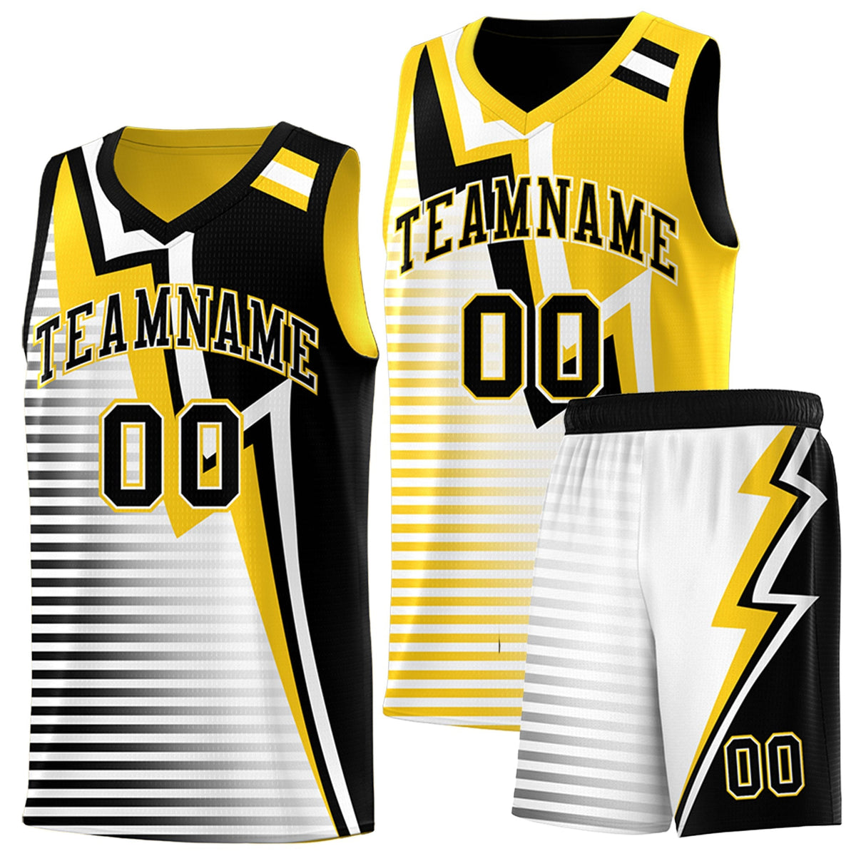 Custom Black Gold White Gradient Stripes Lightning Pattern Reversible Sets Basketball Jersey| KXKSHOP