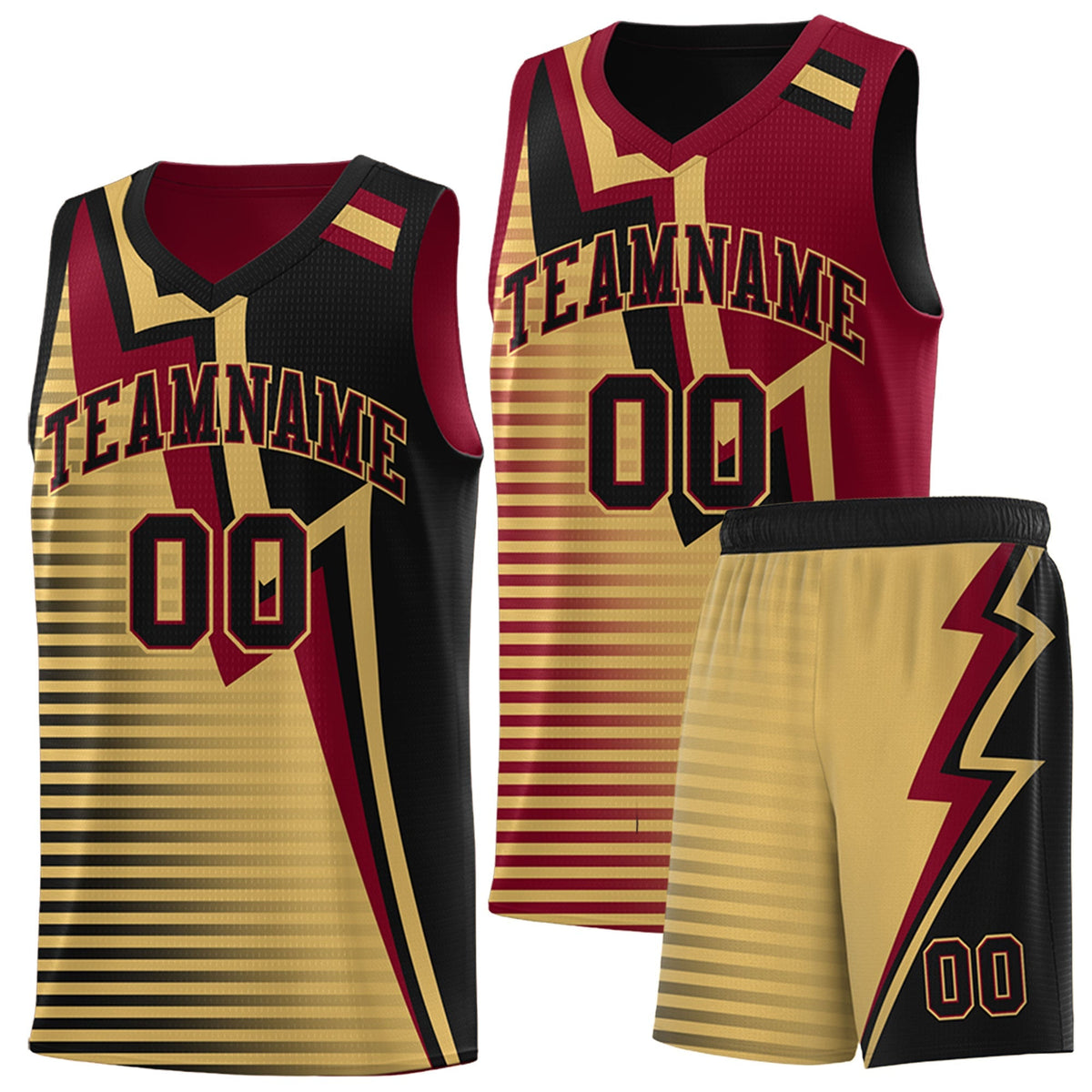 Custom Black Old Gold Crimson Gradient Stripes Lightning Pattern Reversible Sets Basketball Jersey| KXKSHOP