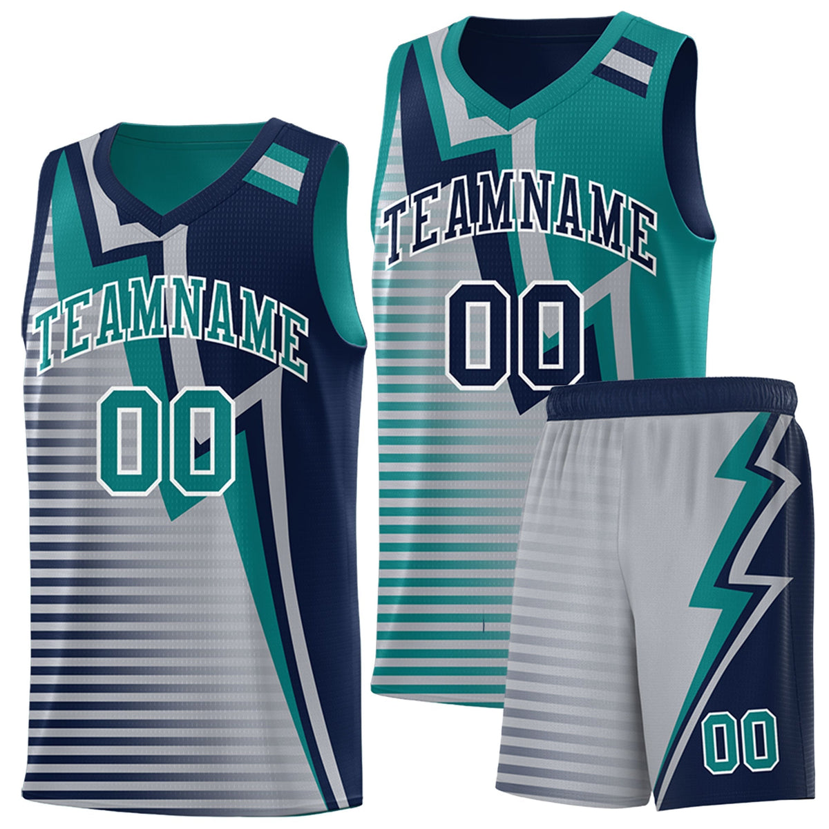 Custom Navy Teal Gray Gradient Stripes Lightning Pattern Reversible Sets Basketball Jersey| KXKSHOP
