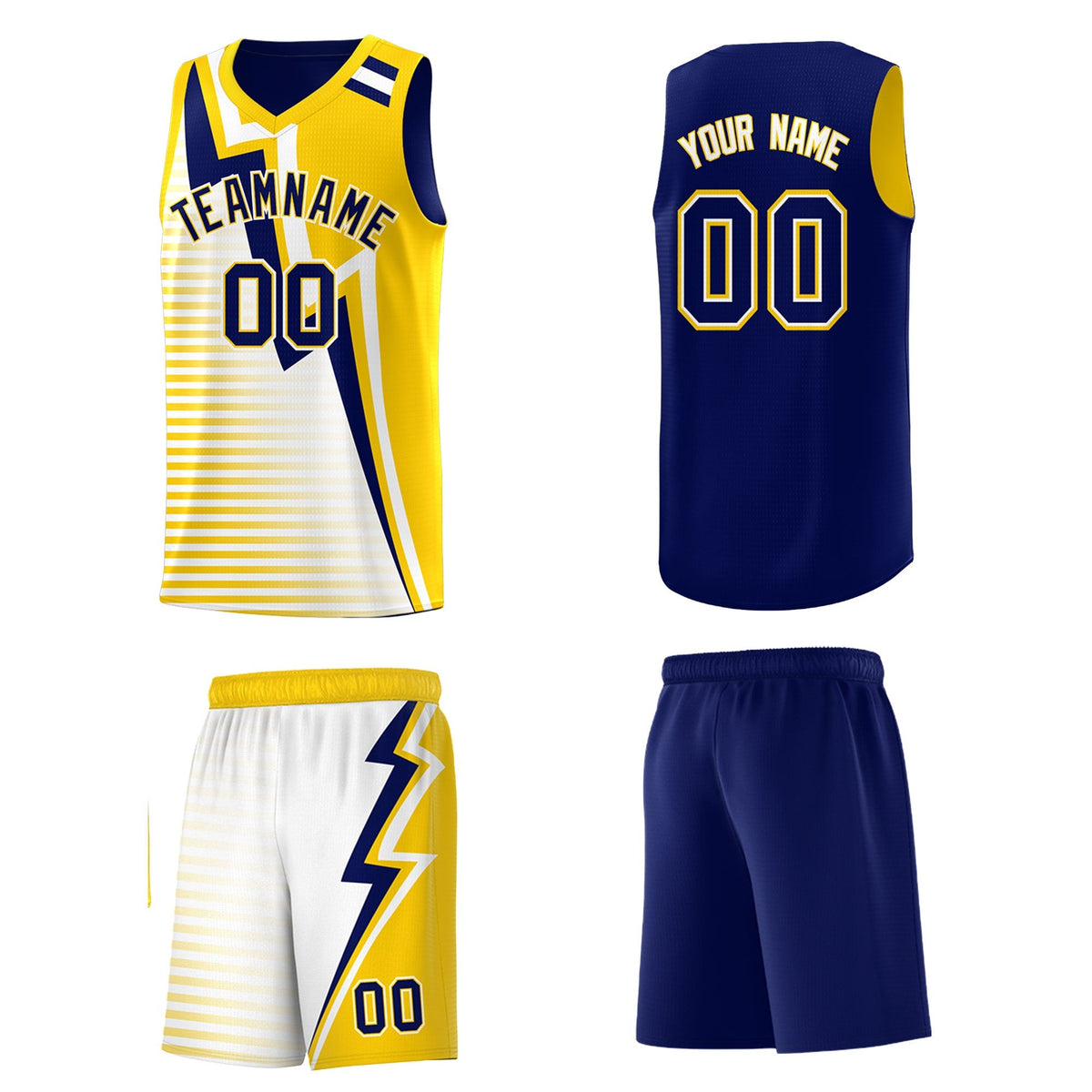 Custom Navy Gold White Gradient Stripes Lightning Pattern Reversible Sets Basketball Jersey| KXKSHOP