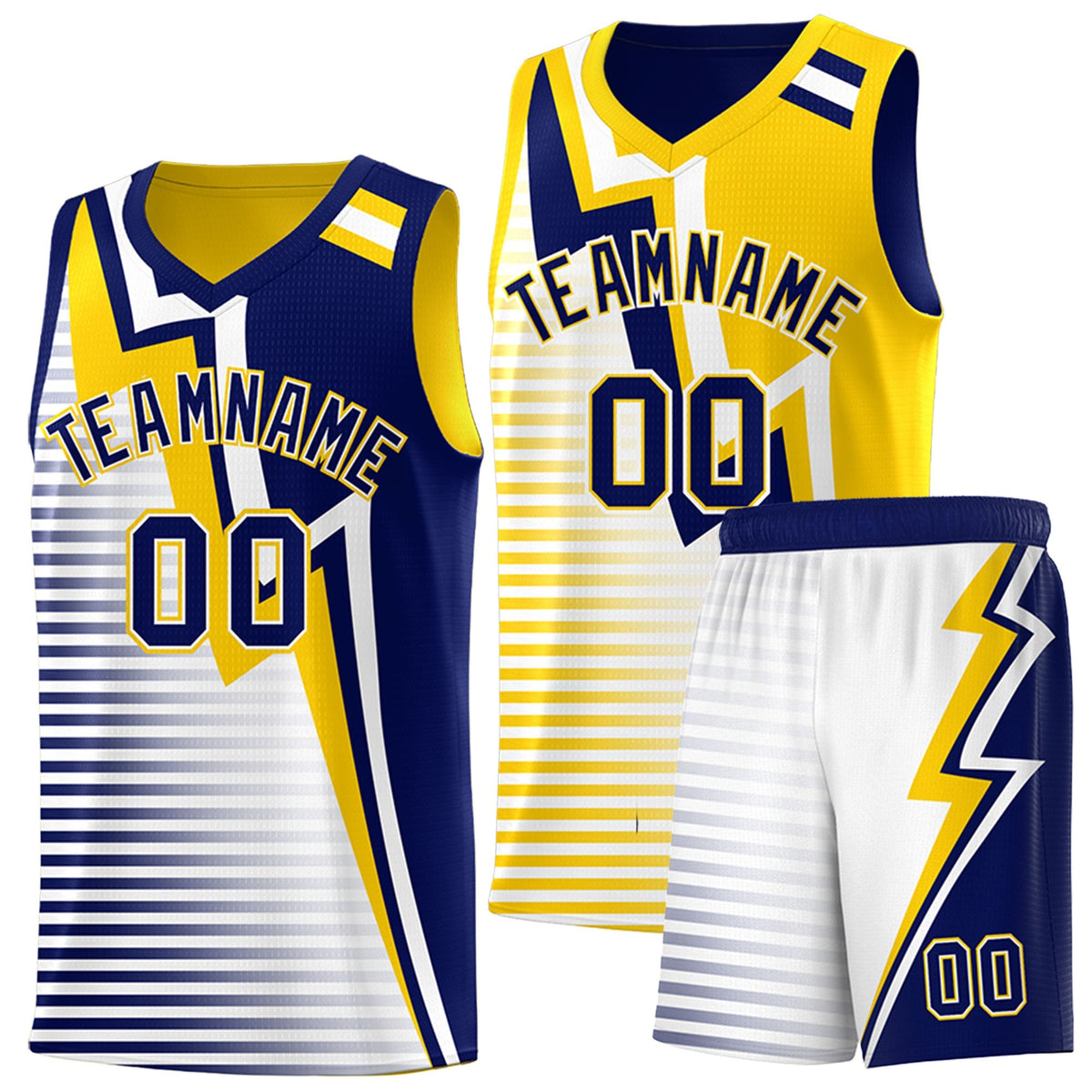 Custom Navy Gold White Gradient Stripes Lightning Pattern Reversible Sets Basketball Jersey| KXKSHOP