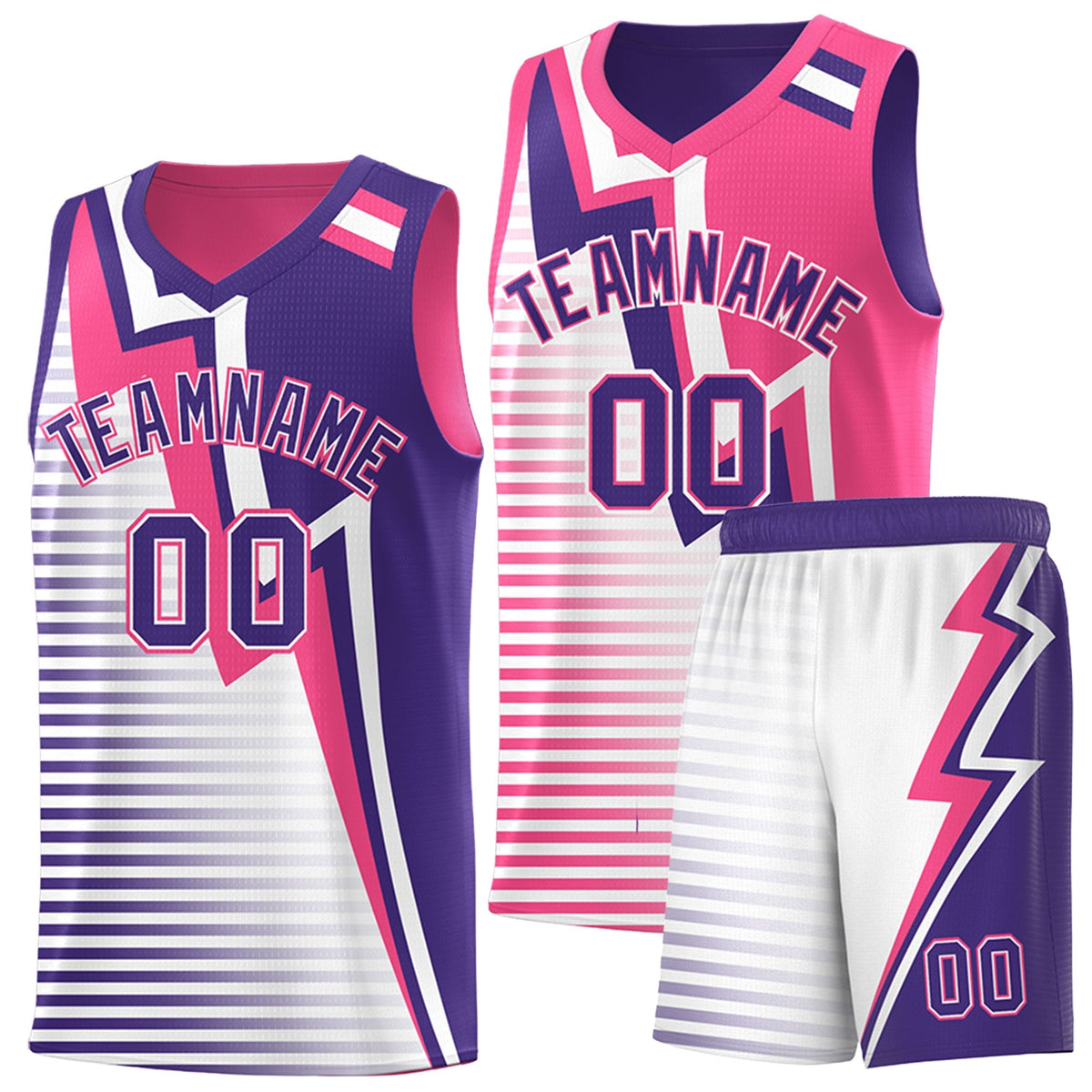 Custom Purple Pink White Gradient Stripes Lightning Pattern Reversible Sets Basketball Jersey| KXKSHOP