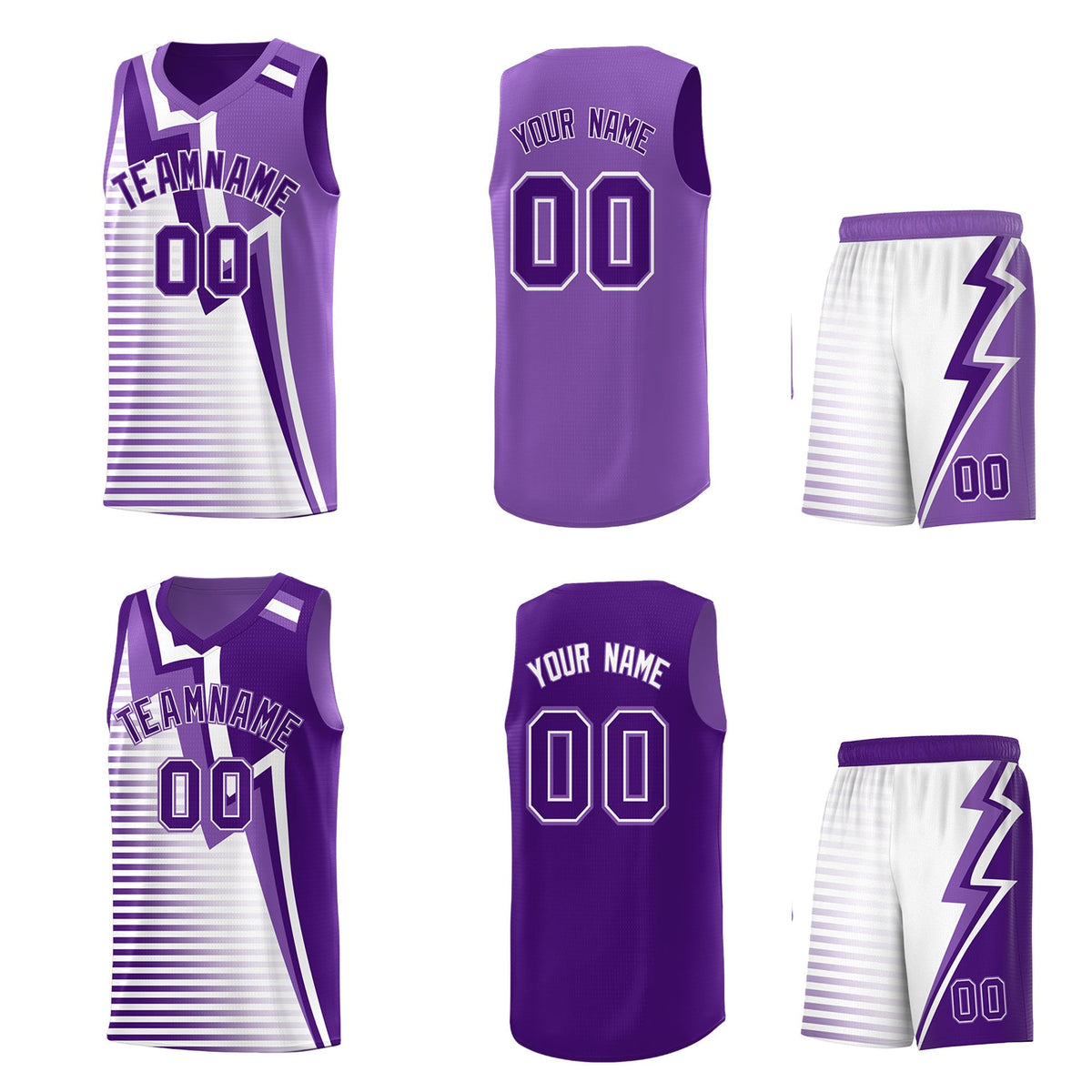 Custom Purple Light Purple White Gradient Stripes Lightning Pattern Reversible Sets Basketball Jersey| KXKSHOP