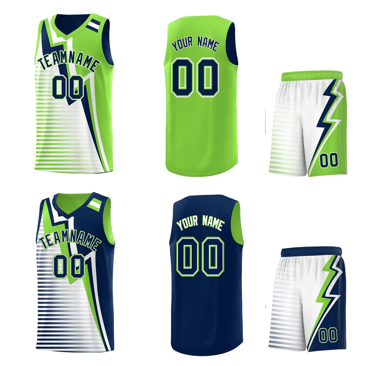 Custom Navy Fluorescent Green White Gradient Stripes Lightning Pattern Reversible Sets Basketball Jersey| KXKSHOP