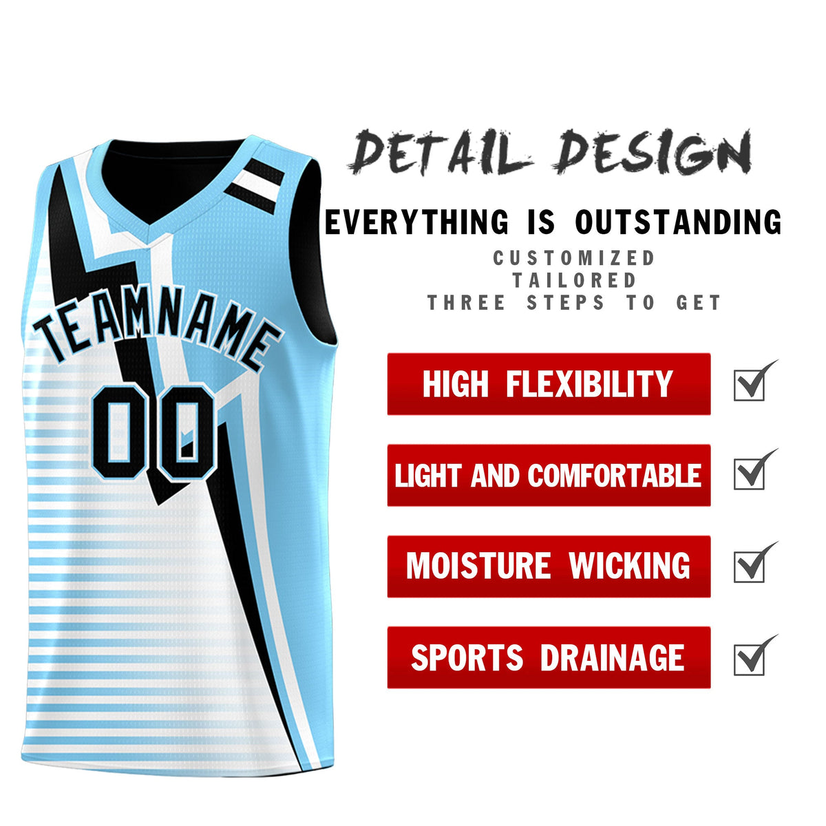 Custom Black Light Blue White Gradient Stripes Lightning Pattern Reversible Sets Basketball Jersey| KXKSHOP