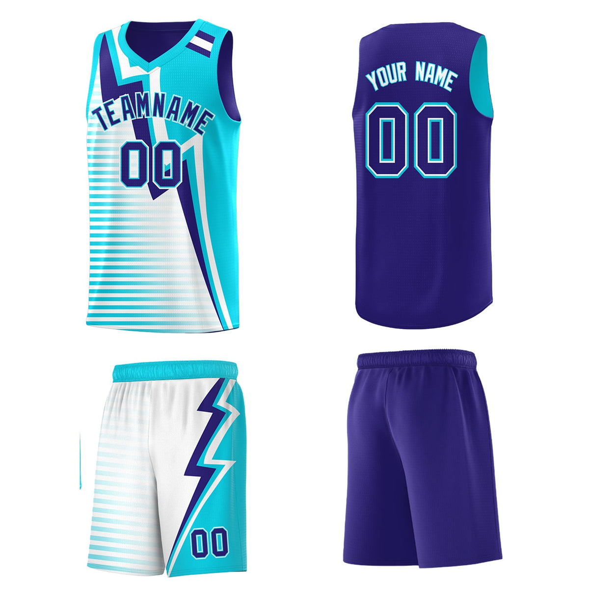 Custom Sky Blue Royal White Gradient Stripes Lightning Pattern Reversible Sets Basketball Jersey| KXKSHOP