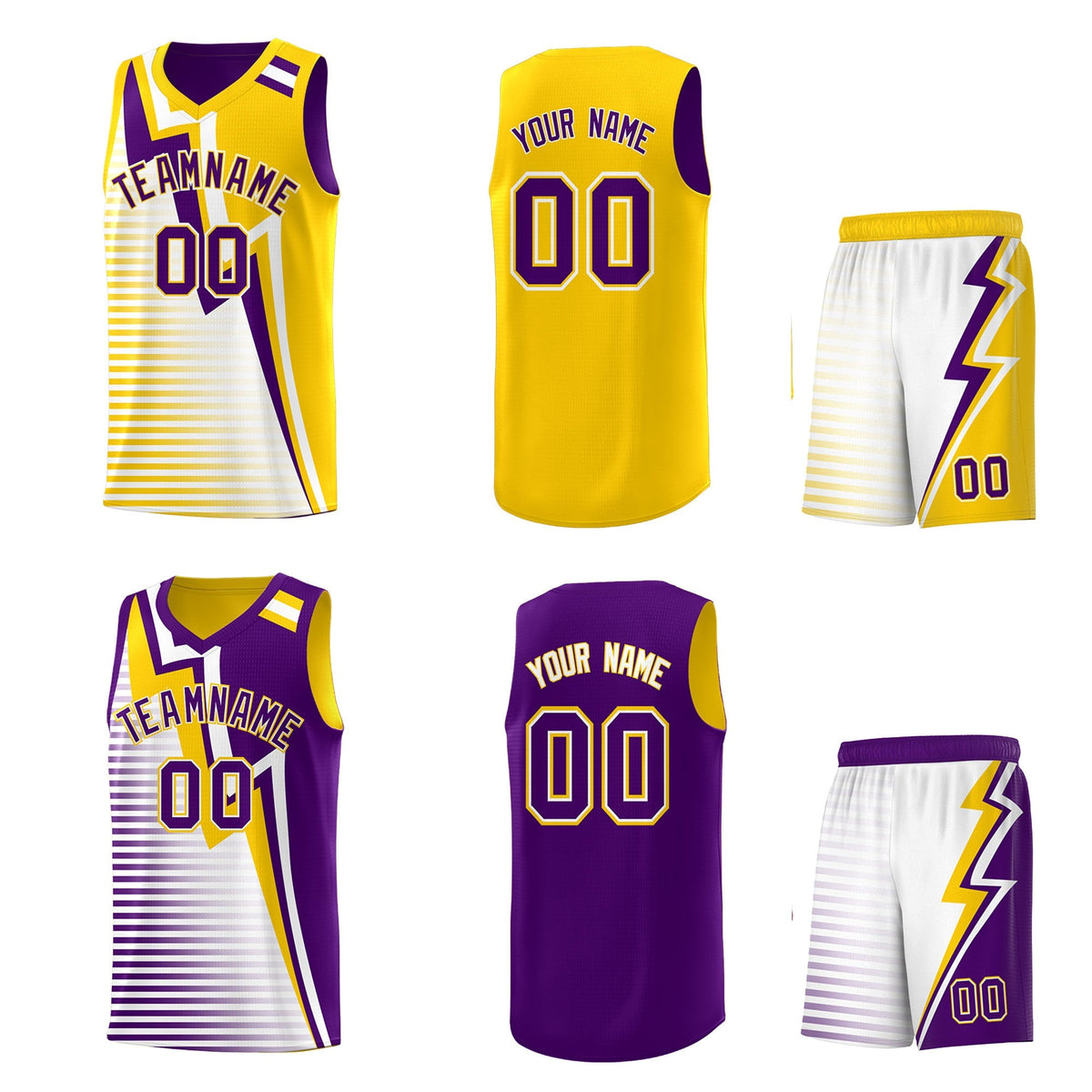 Custom Purple Gold White Gradient Stripes Lightning Pattern Reversible Sets Basketball Jersey| KXKSHOP