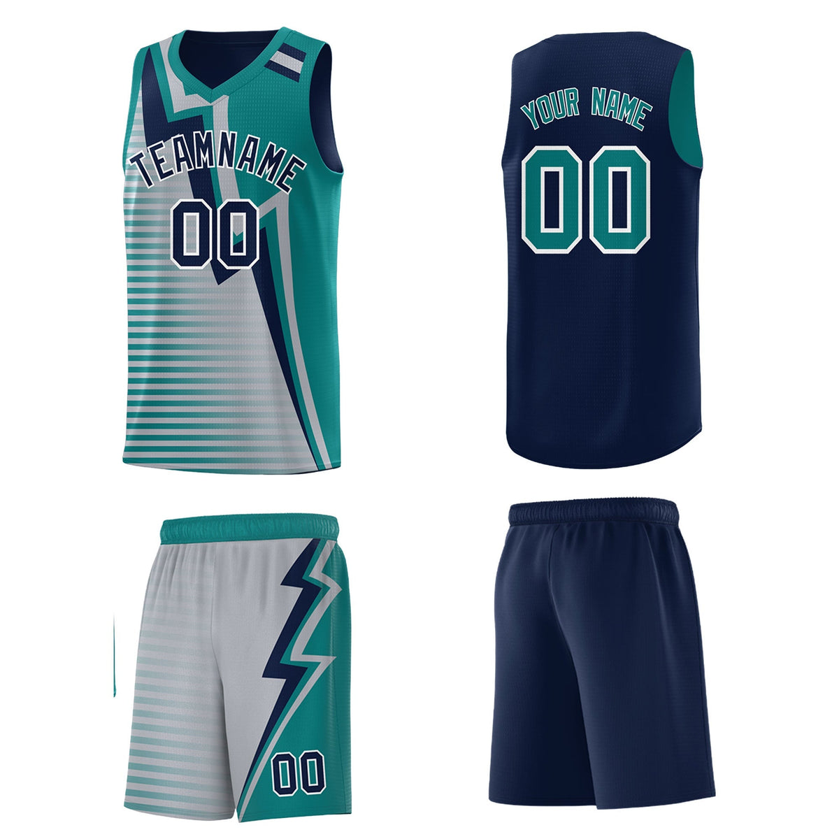 Custom Navy Teal Gray Gradient Stripes Lightning Pattern Reversible Sets Basketball Jersey| KXKSHOP