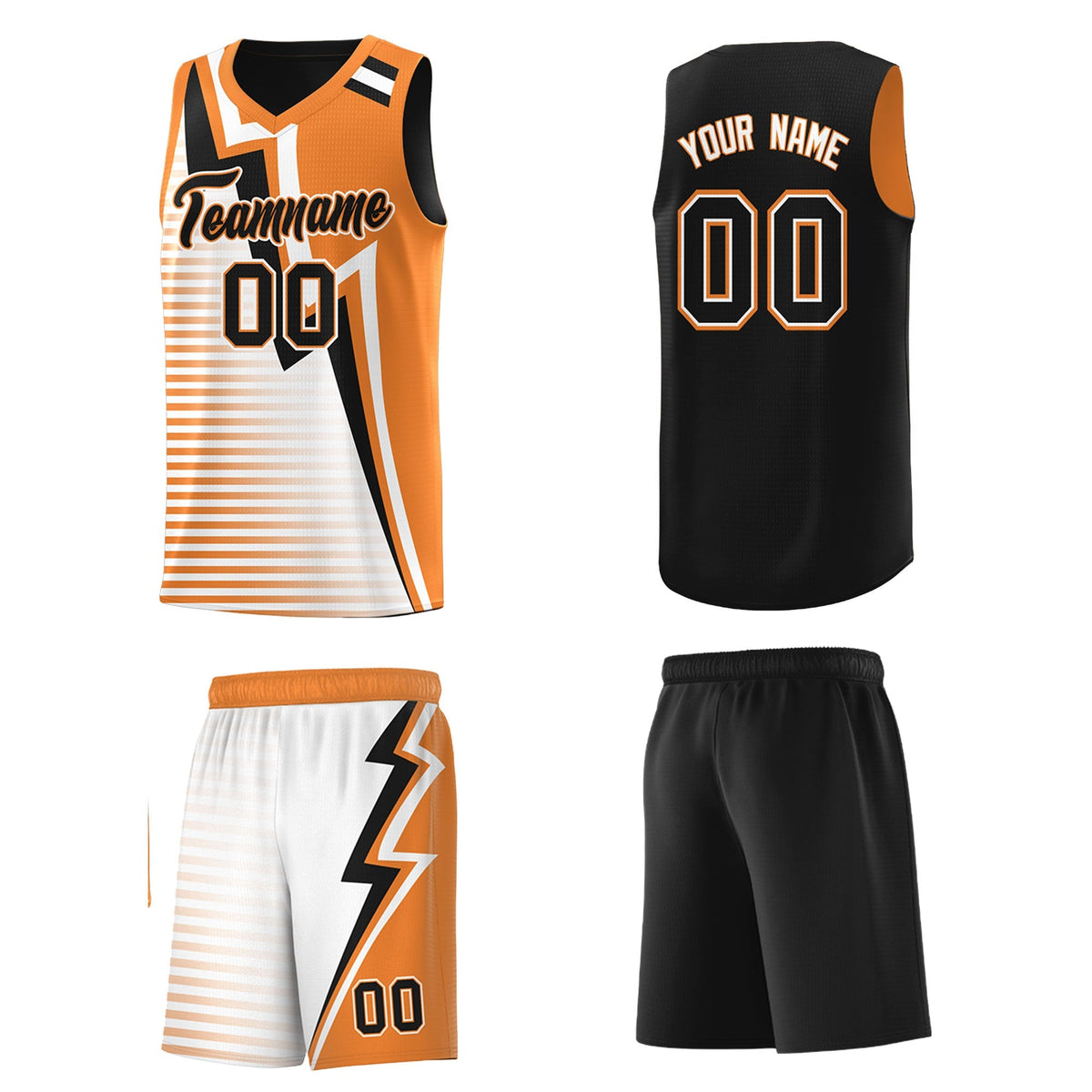 Custom Black Gold Orange White Gradient Stripes Lightning Pattern Reversible Sets Basketball Jersey| KXKSHOP