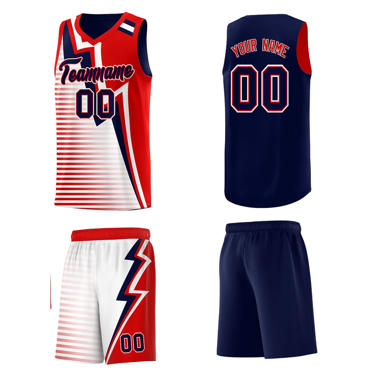 Custom Navy Red White Gradient Stripes Lightning Pattern Reversible Sets Basketball Jersey| KXKSHOP
