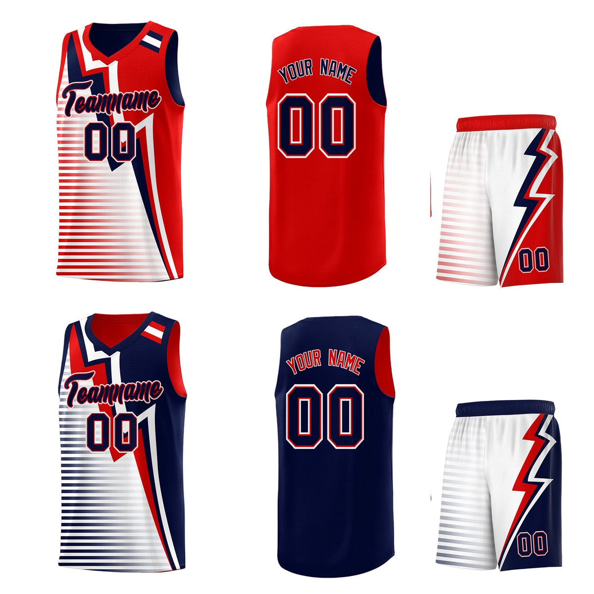 Custom Navy Red White Gradient Stripes Lightning Pattern Reversible Sets Basketball Jersey| KXKSHOP