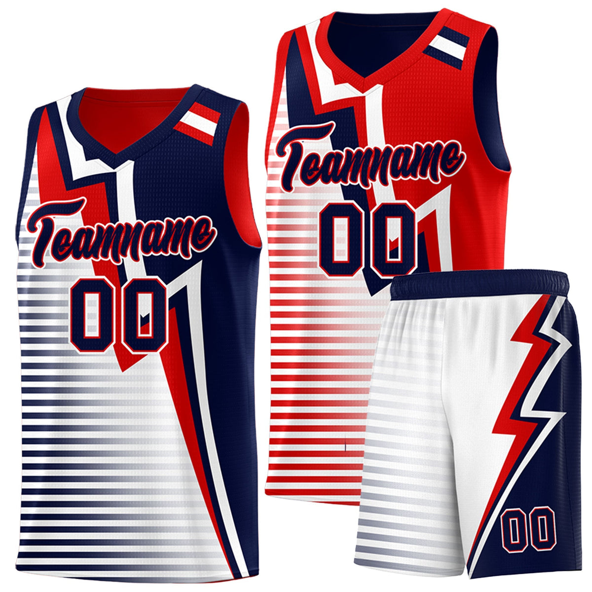 Custom Navy Red White Gradient Stripes Lightning Pattern Reversible Sets Basketball Jersey| KXKSHOP