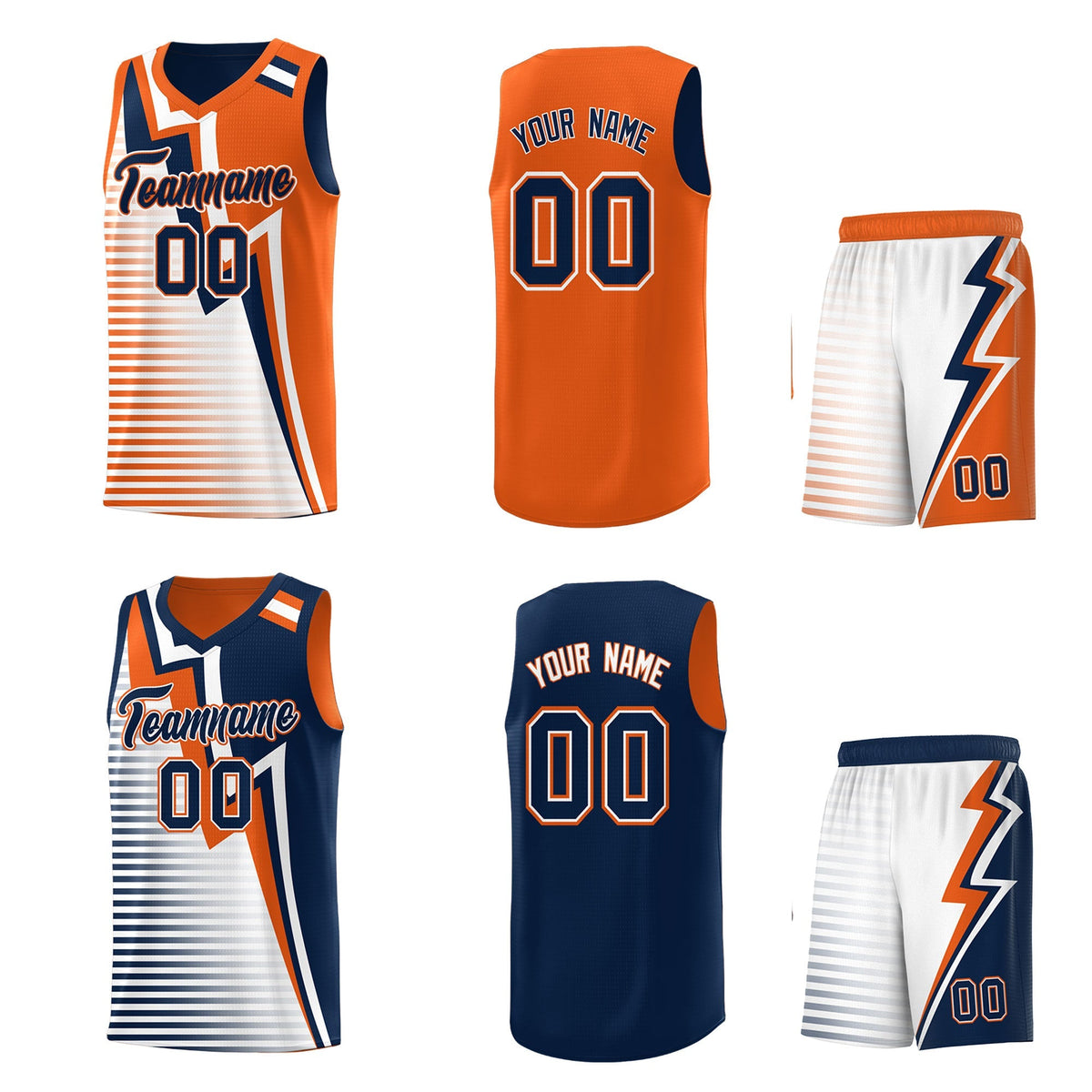 Custom Navy Orange White Gradient Stripes Lightning Pattern Reversible Sets Basketball Jersey| KXKSHOP