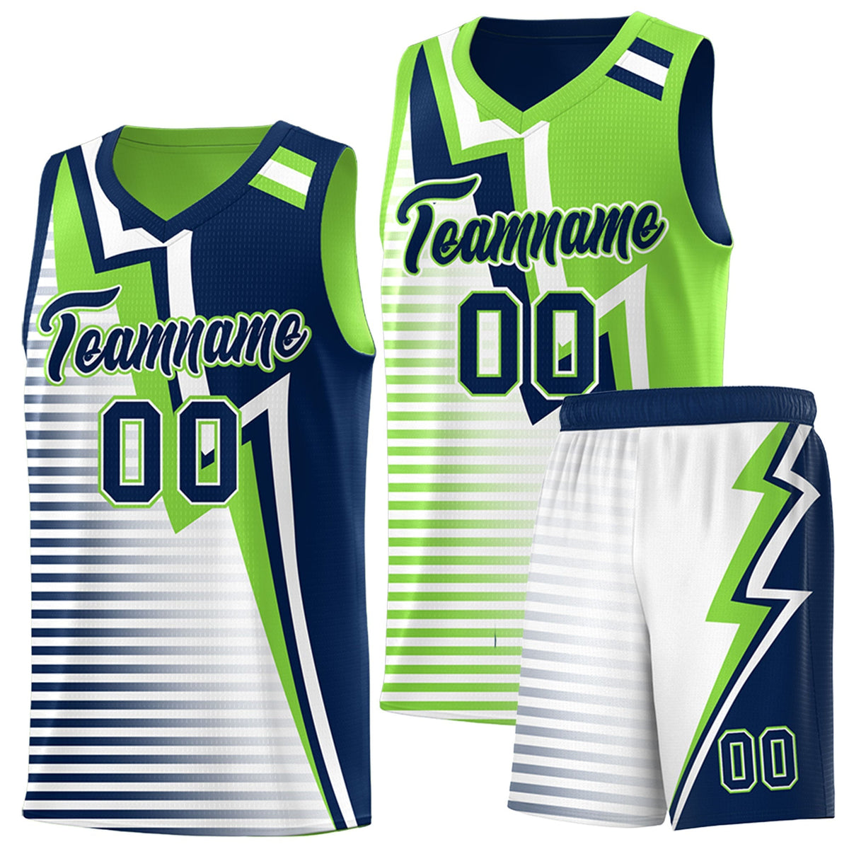 Custom Navy Fluorescent Green White Gradient Stripes Lightning Pattern Reversible Sets Basketball Jersey| KXKSHOP