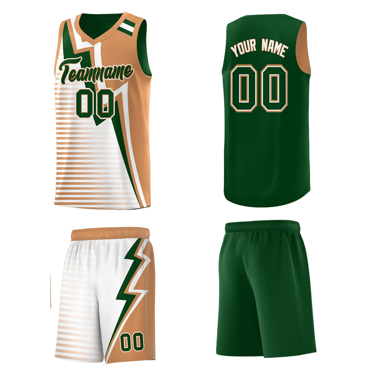 Custom Green Buckskin Brown White Gradient Stripes Lightning Pattern Reversible Sets Basketball Jersey| KXKSHOP