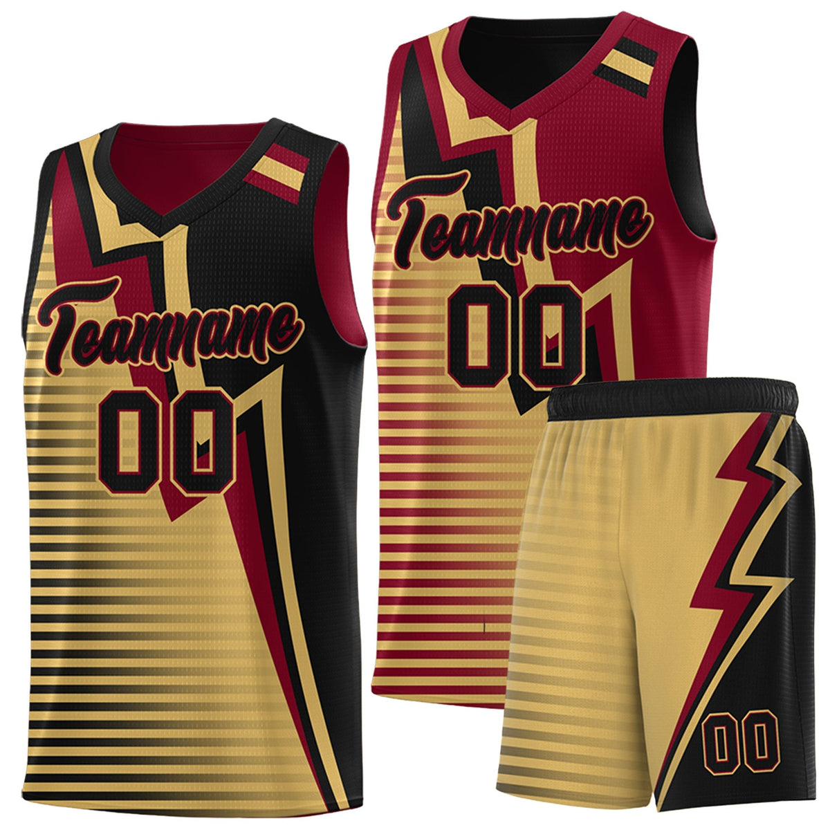 Custom Black Old Gold Crimson Gradient Stripes Lightning Pattern Reversible Sets Basketball Jersey| KXKSHOP