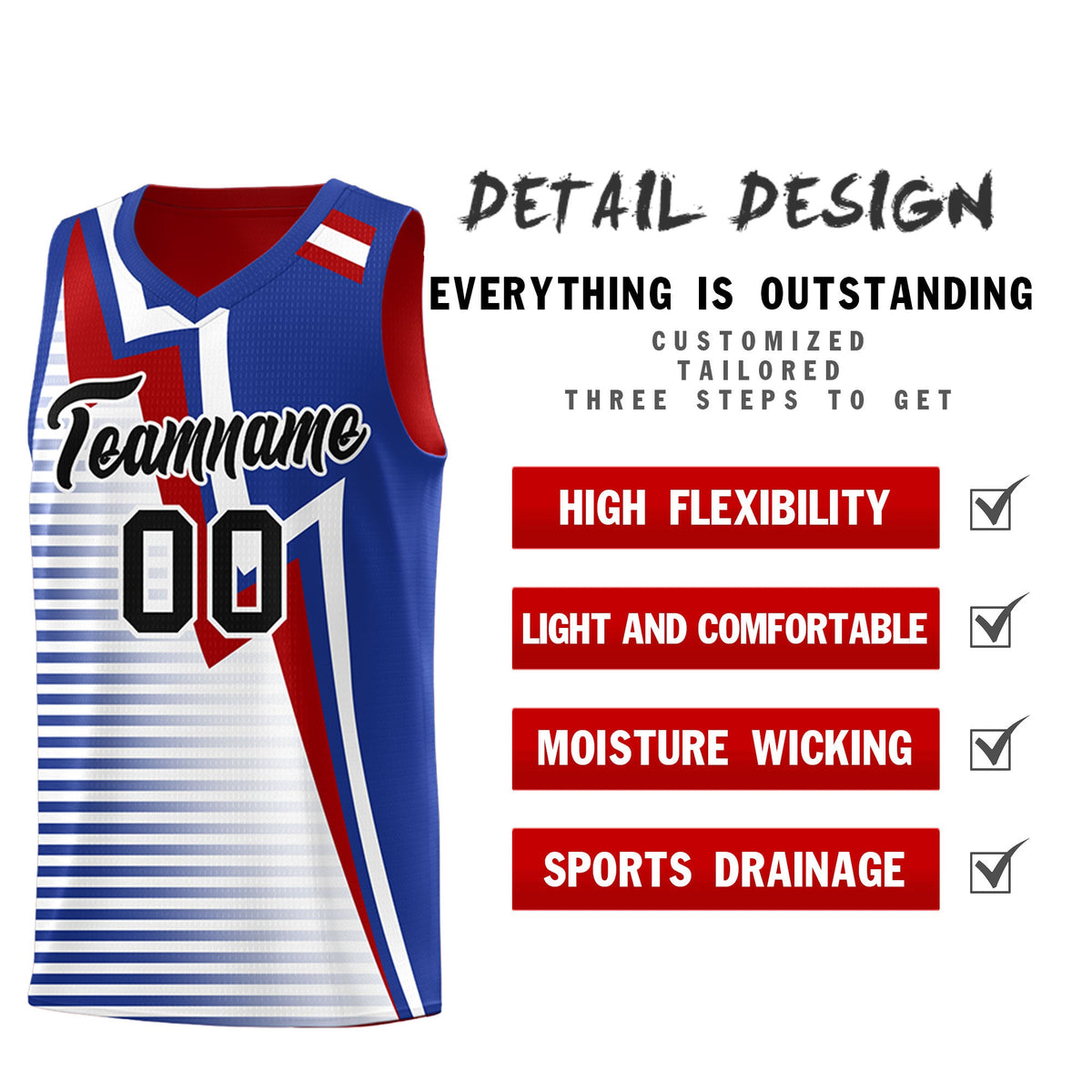 Custom Red Royal Blue White Gradient Stripes Lightning Pattern Reversible Sets Basketball Jersey| KXKSHOP