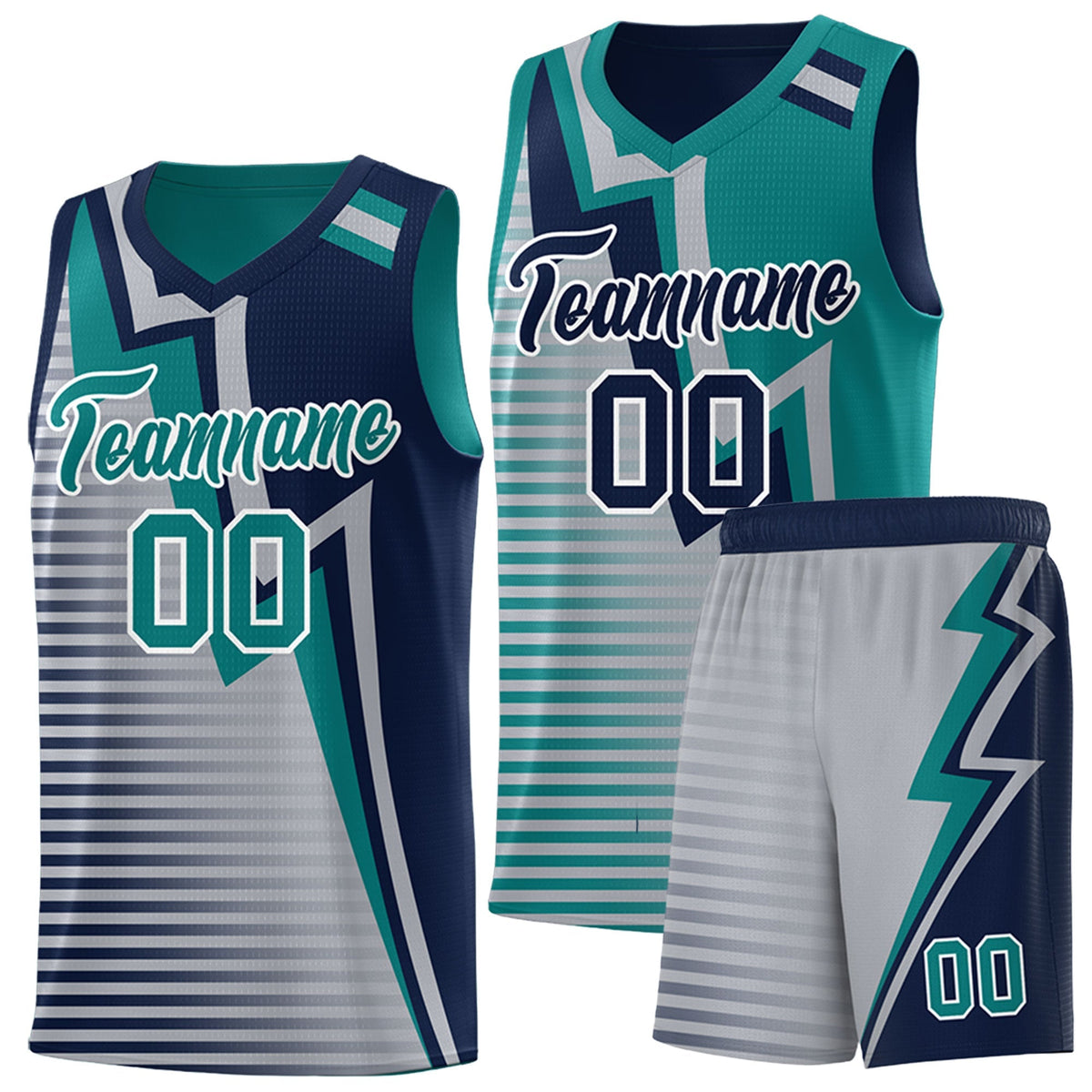 Custom Navy Teal Gray Gradient Stripes Lightning Pattern Reversible Sets Basketball Jersey| KXKSHOP