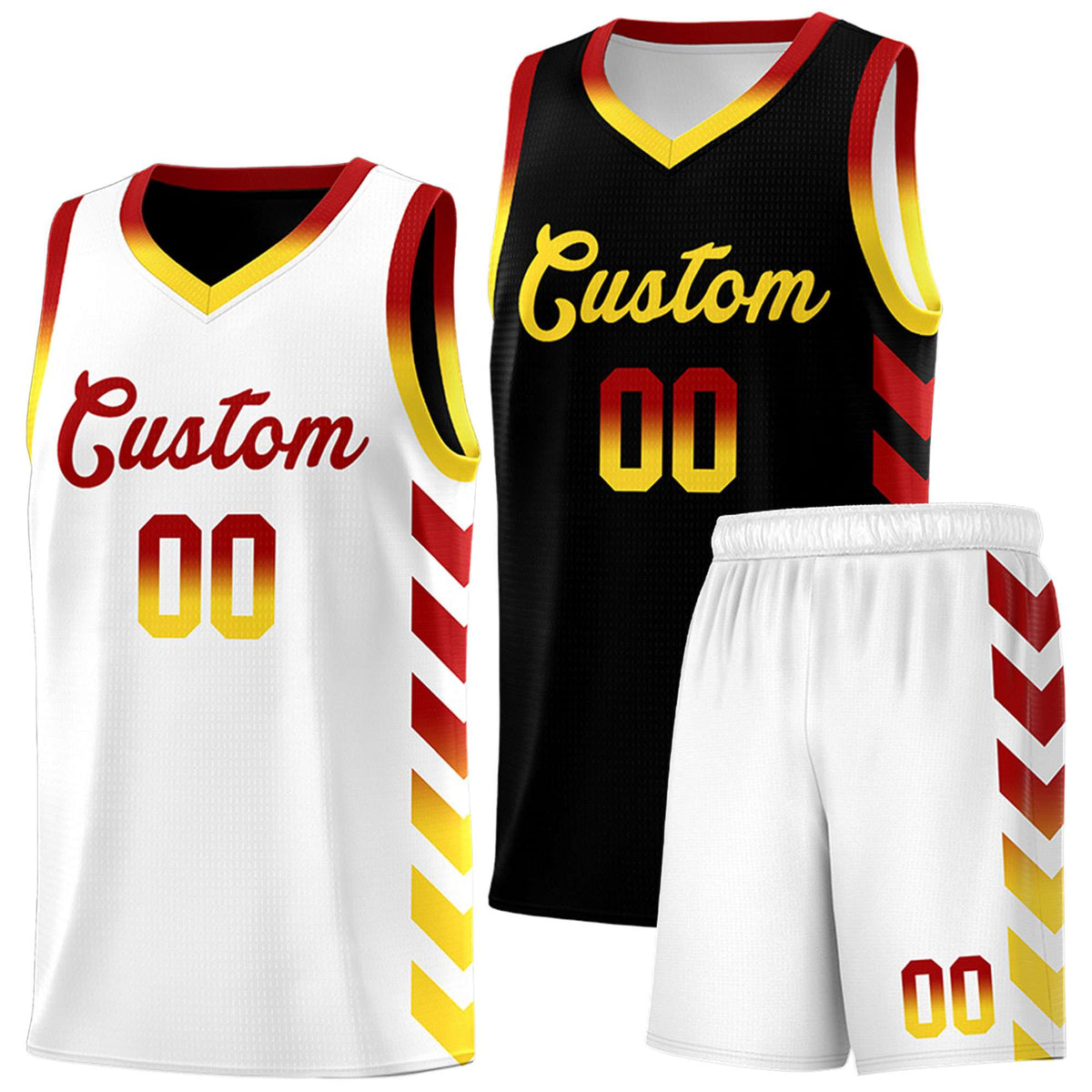 Custom White Black Reversible Basketball Jersey Kits - Side Arrow Red Gold Gradient