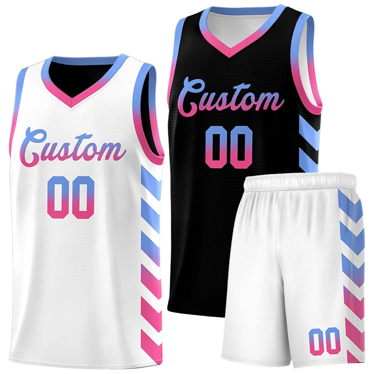Custom White Black Reversible Basketball Jersey Kits - Side Arrow Light Blue Pink Gradient