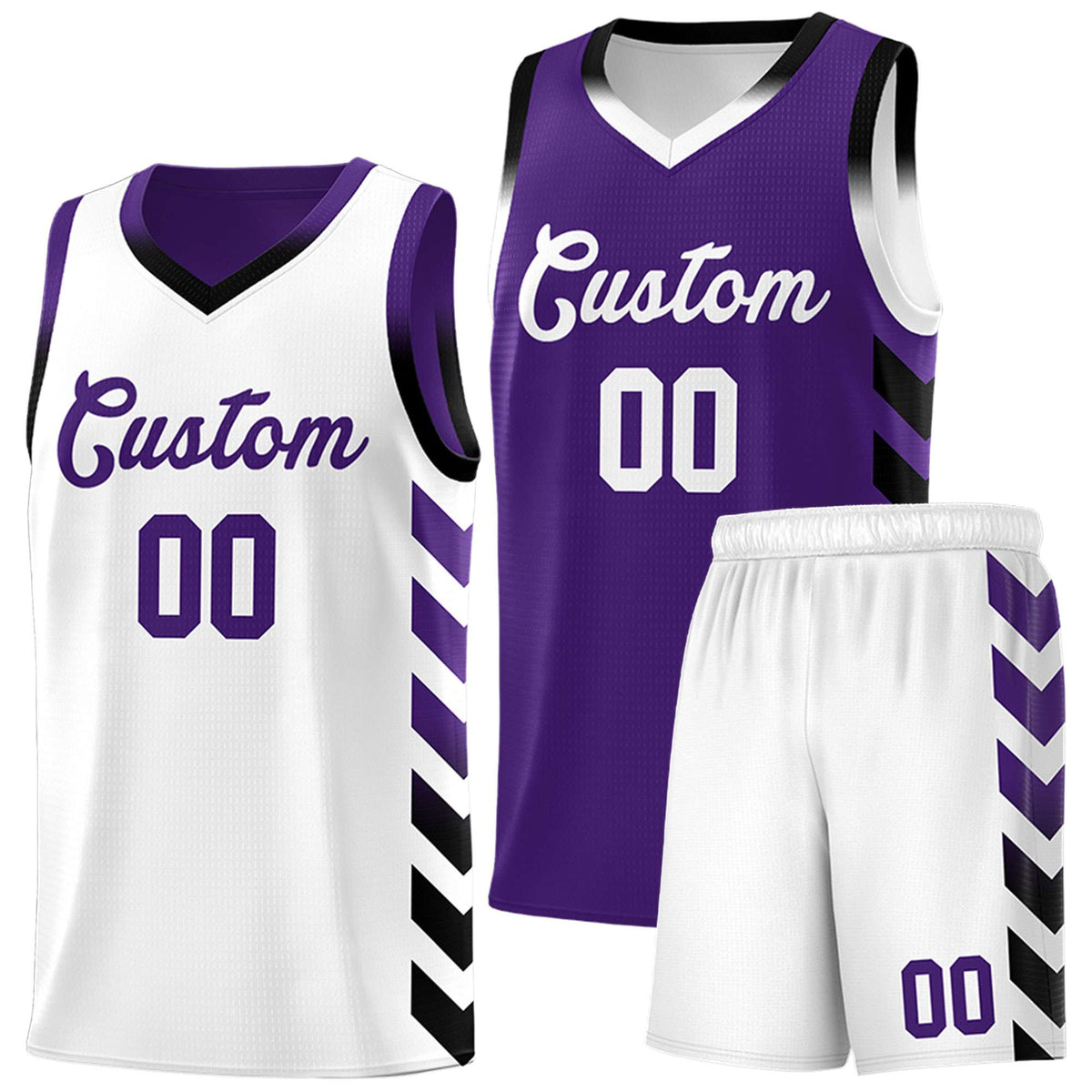 Custom White Purple Reversible Basketball Jersey Kits - Side Arrow Purple Black Gradient