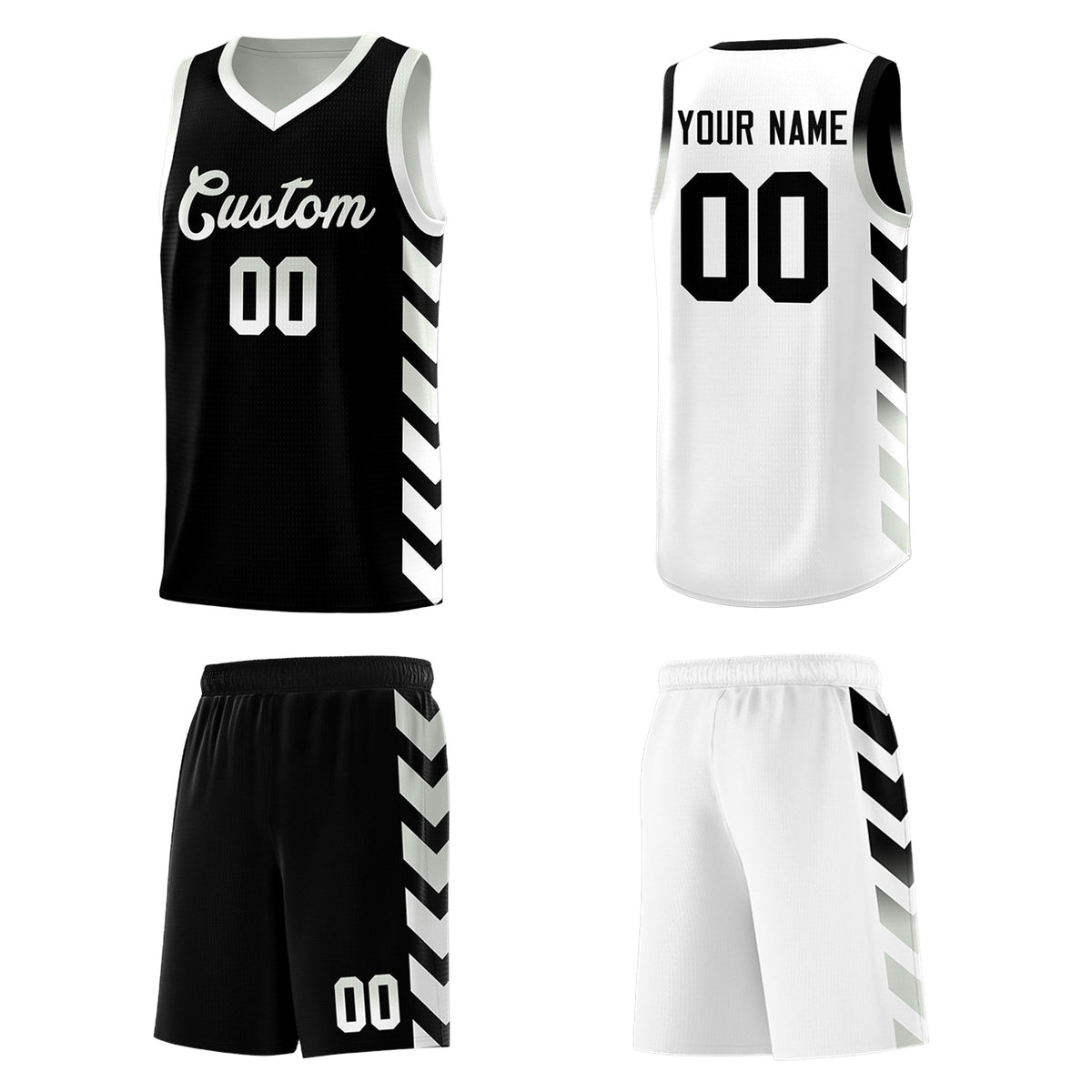 Custom White Black Reversible Basketball Jersey Kits - Side Arrow Black Gray Gradient