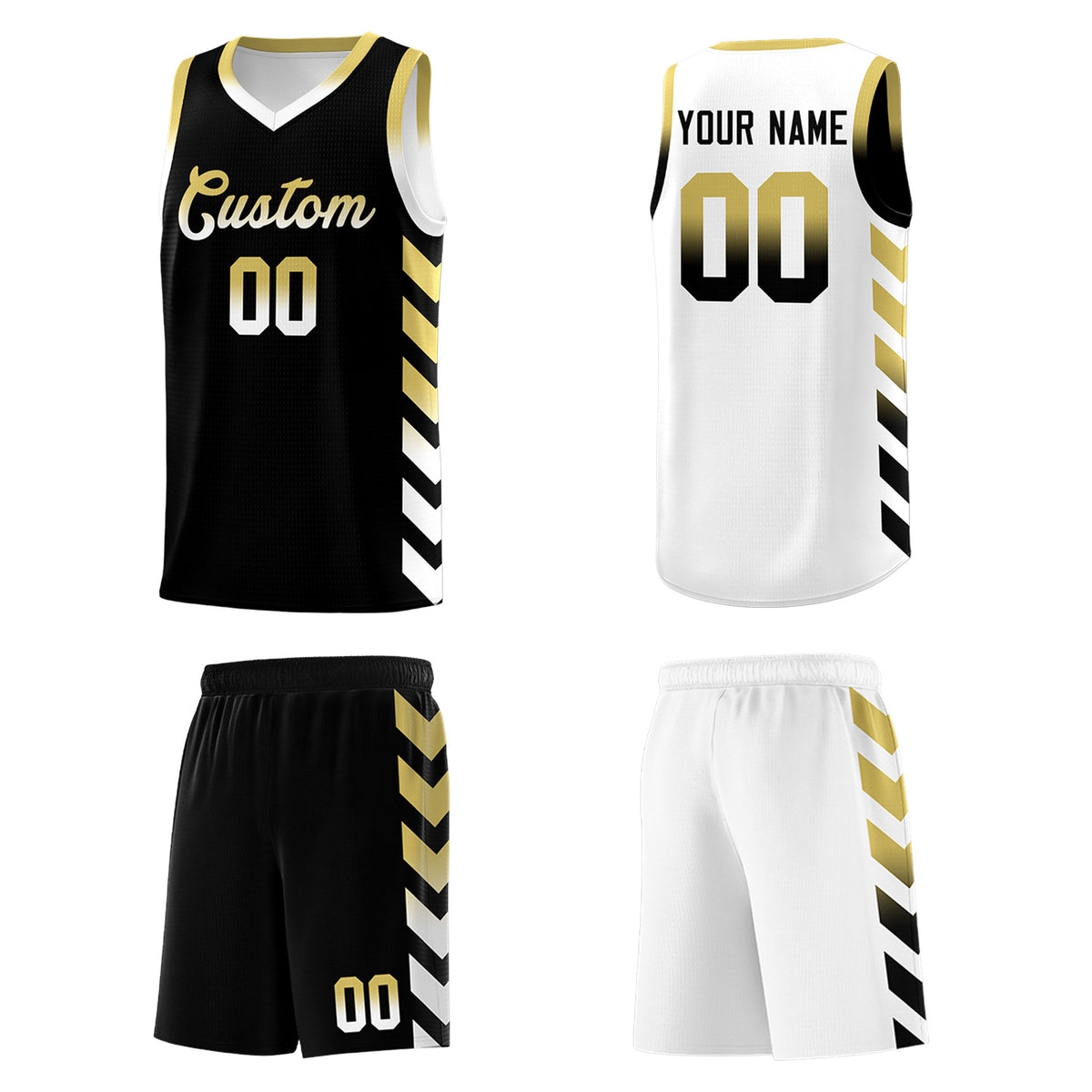 Custom White Black Reversible Basketball Jersey Kits - Side Arrow Old Gold Black Gradient