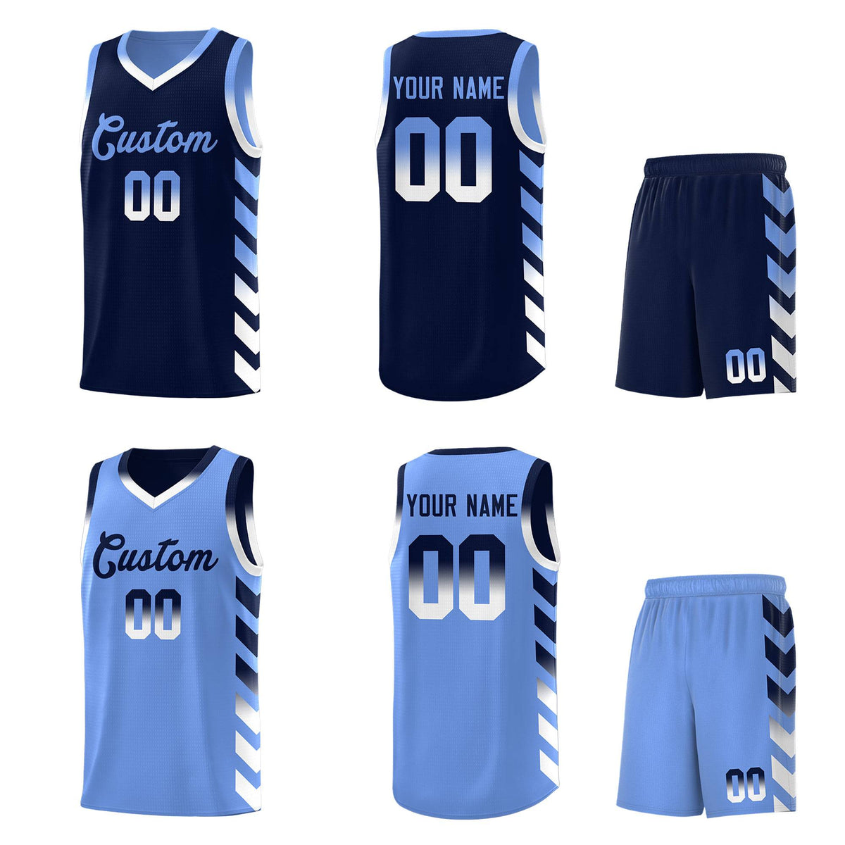 Custom Light Blue Navy Reversible Basketball Jersey Kits - Side Arrow Navy White Gradient