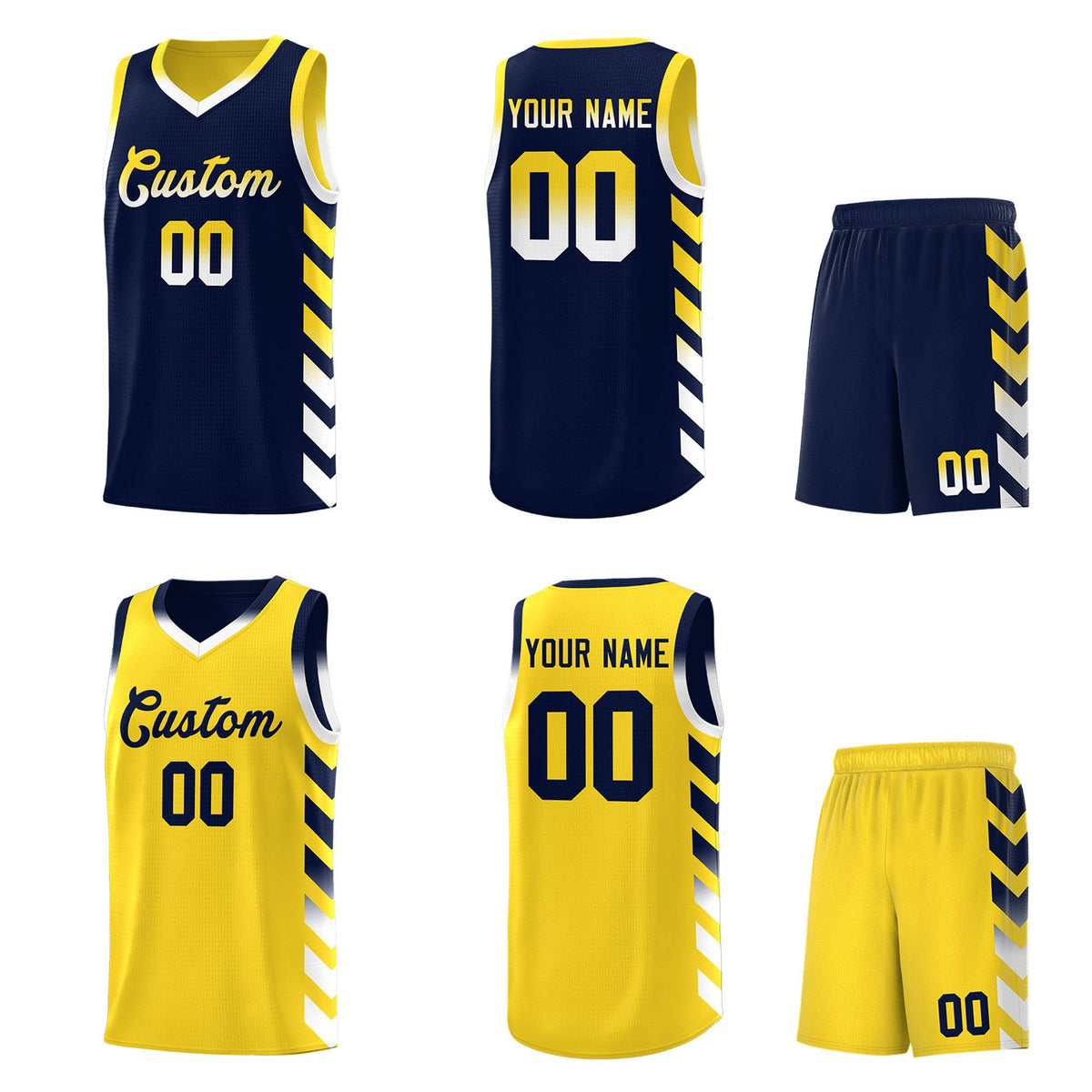 Custom Gold Navy Reversible Basketball Jersey Kits - Side Arrow Navy White Gradient