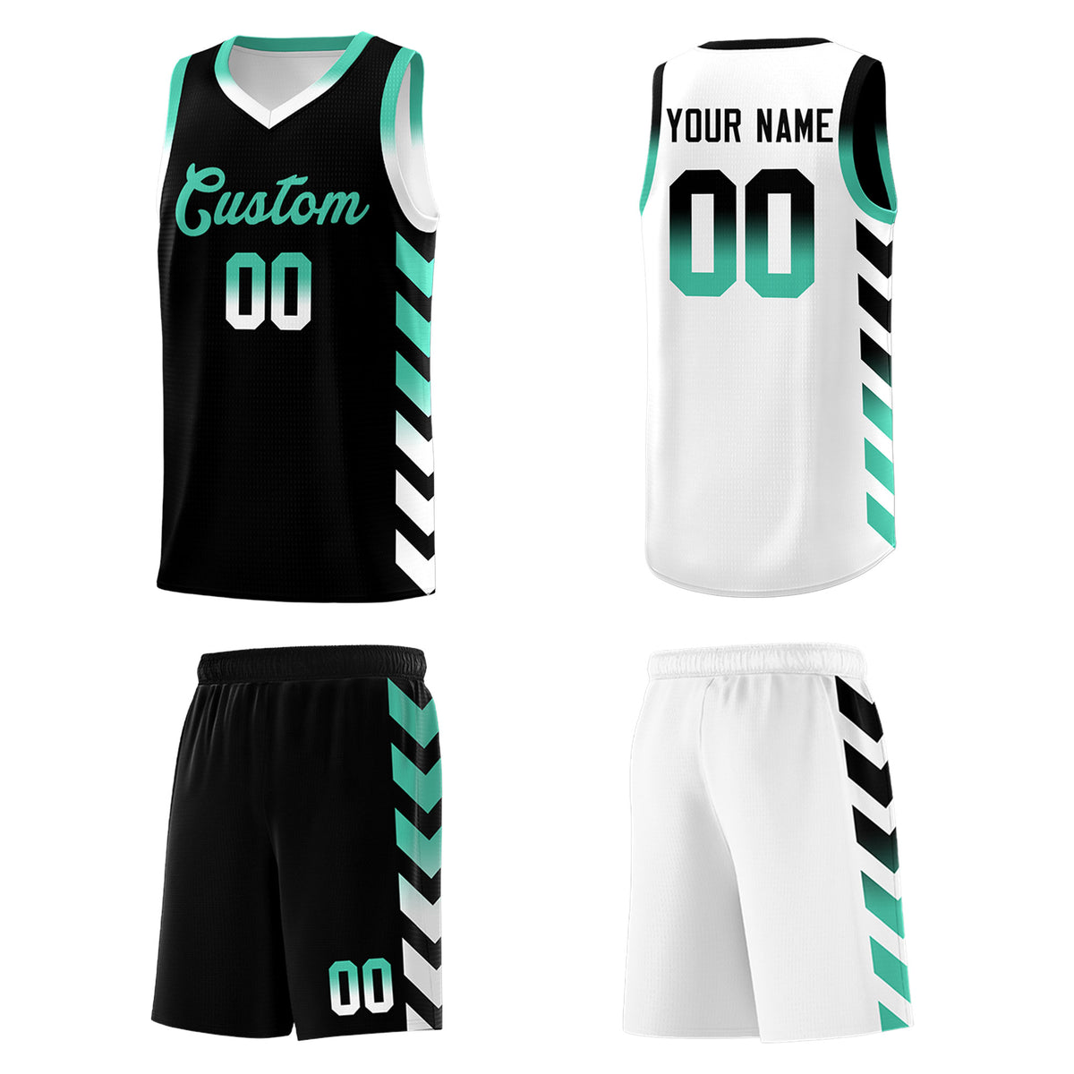 Custom White Black Reversible Basketball Jersey Kits - Side Arrow Black Bright Green Gradient