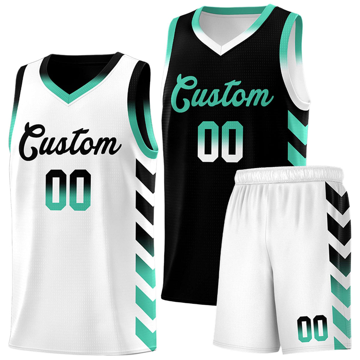 Custom White Black Reversible Basketball Jersey Kits - Side Arrow Black Bright Green Gradient