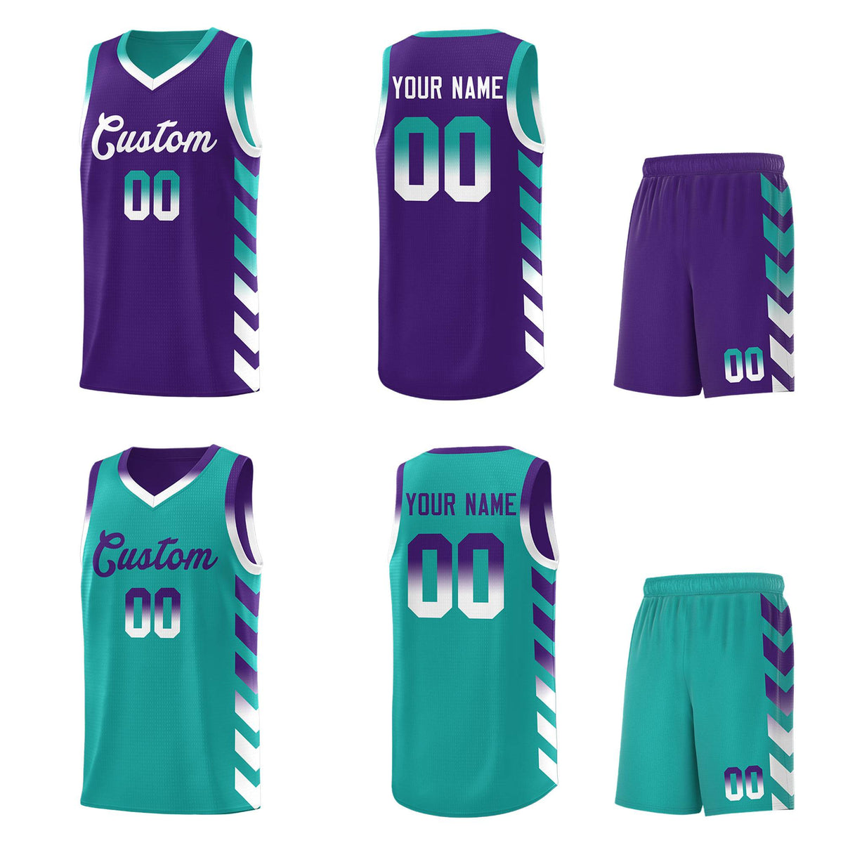 Custom Aqua Purple Reversible Basketball Jersey Kits - Side Arrow Purple White Gradient