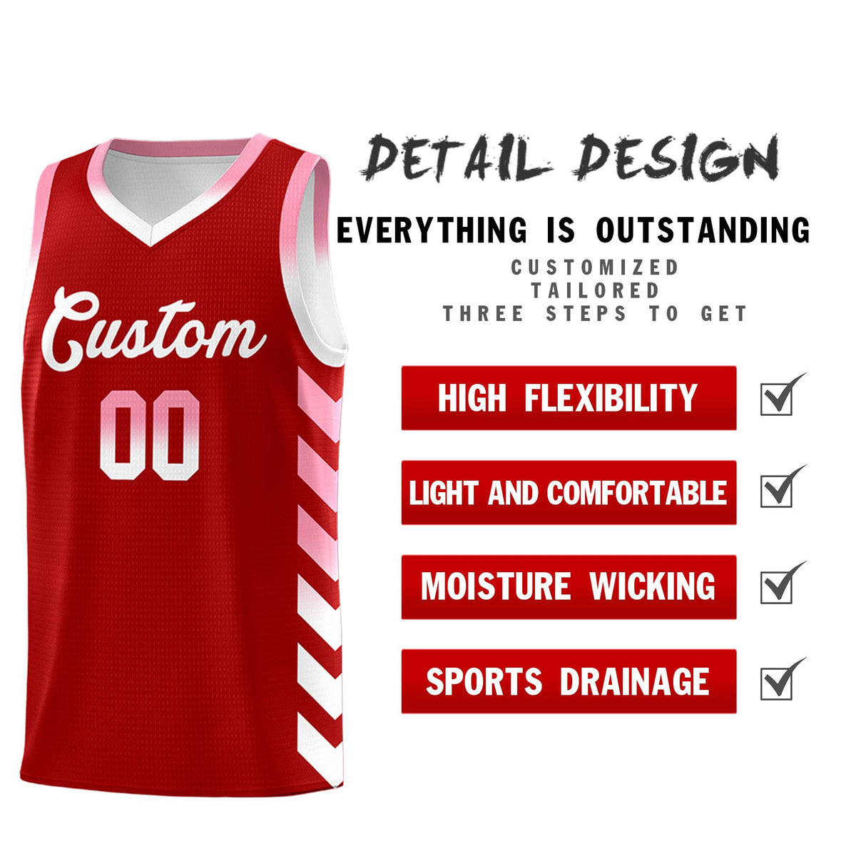 Custom White Red Reversible Basketball Jersey Kits - Side Arrow Red Light Pink Gradient