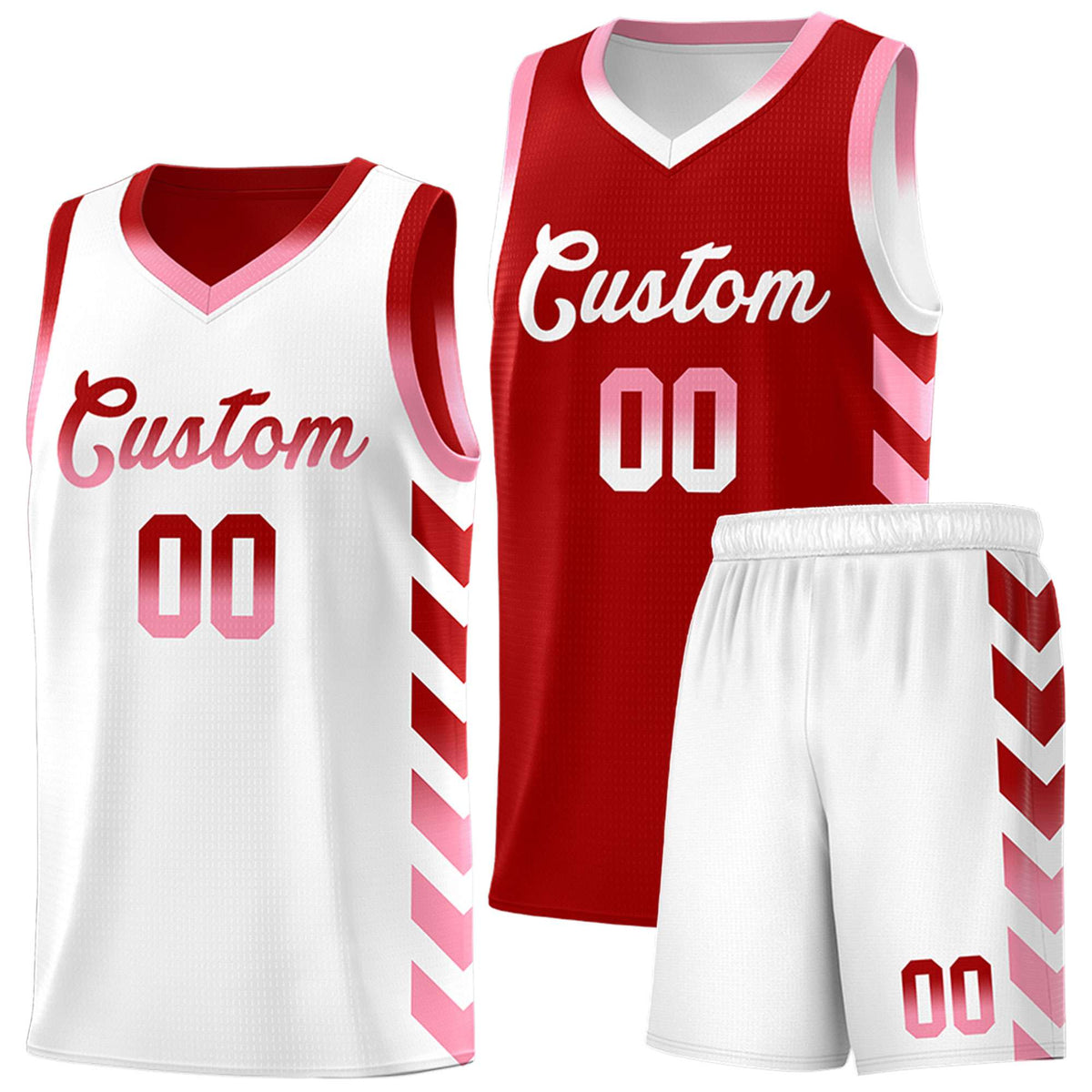 Custom White Red Reversible Basketball Jersey Kits - Side Arrow Red Light Pink Gradient