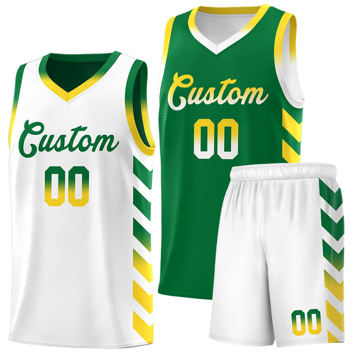 Custom White Kelly Green Reversible Basketball Jersey Kits - Side Arrow Kelly Green Gold Gradient
