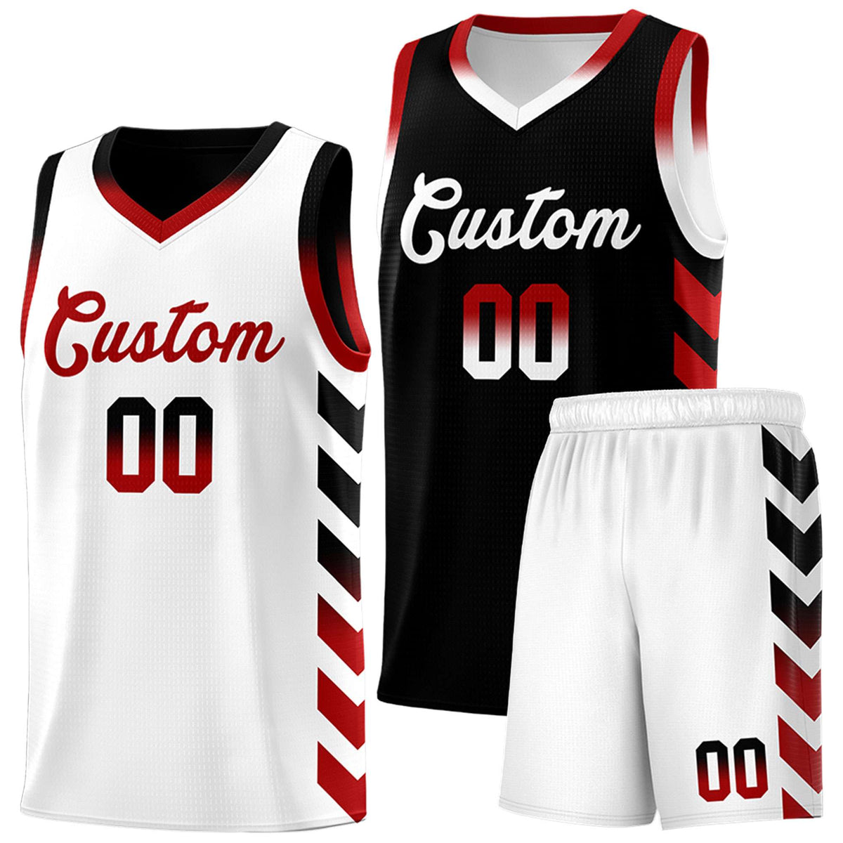 Custom White Black Reversible Basketball Jersey Kits - Side Arrow Black Red Gradient