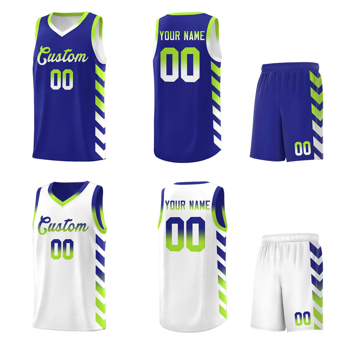 Custom White Royal Reversible Basketball Jersey Kits - Side Arrow Royal Neon Green Gradient